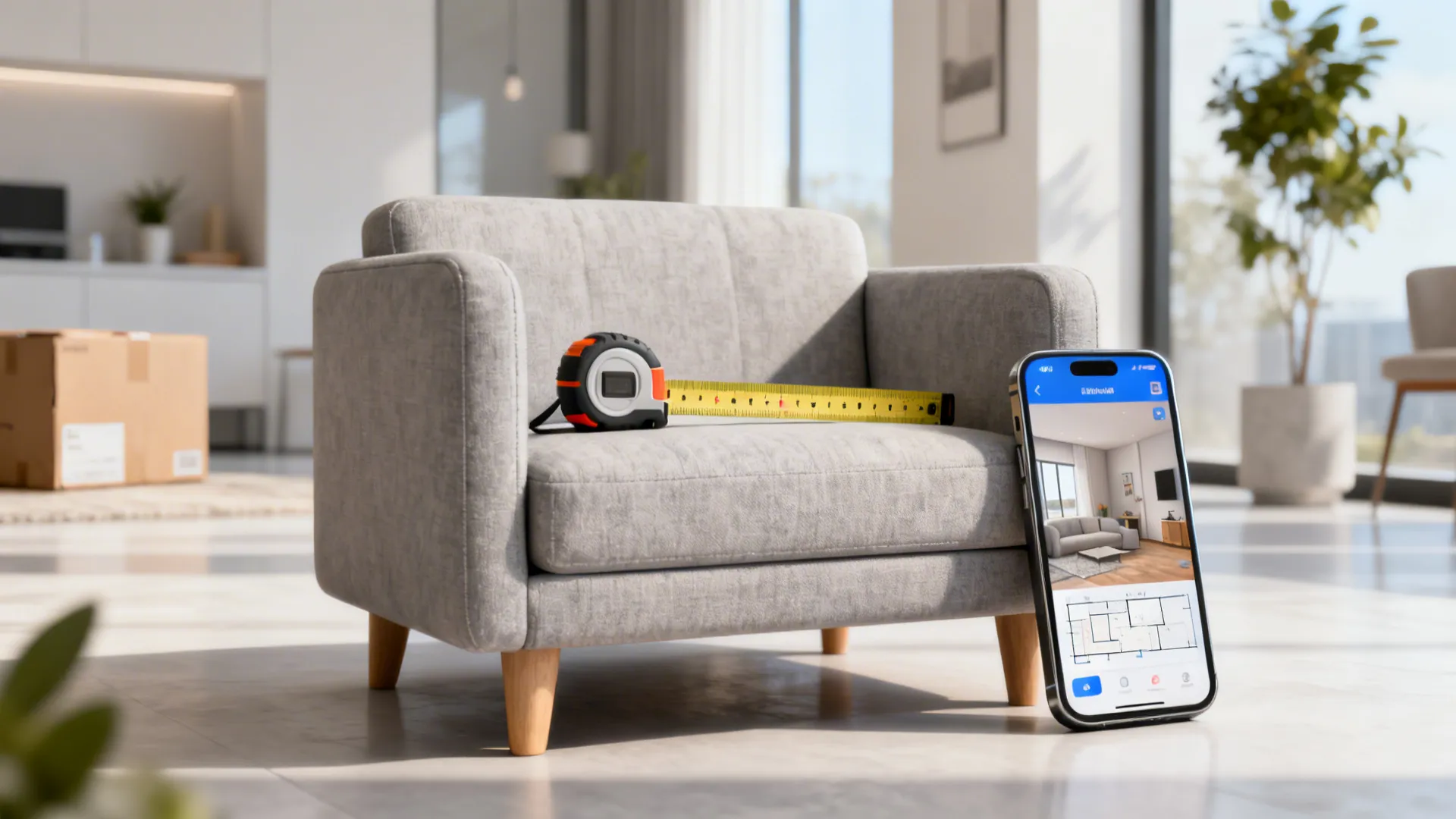 Compact sofa with measuring tape and smartphone showing a 3D room planner to check fit and placement.
