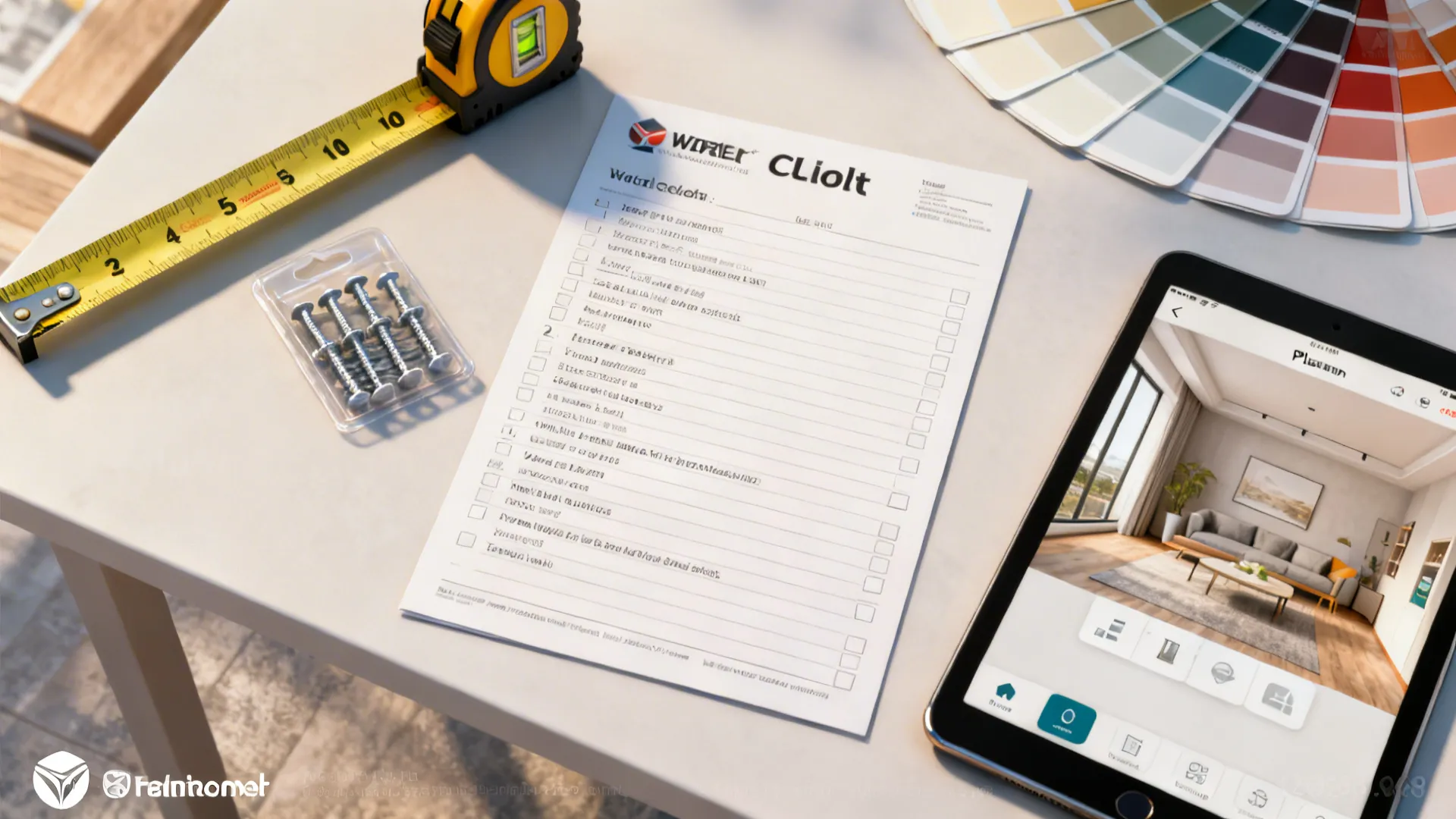 Interior planning tools with paper checklist measuring tape color samples and tablet showing room design