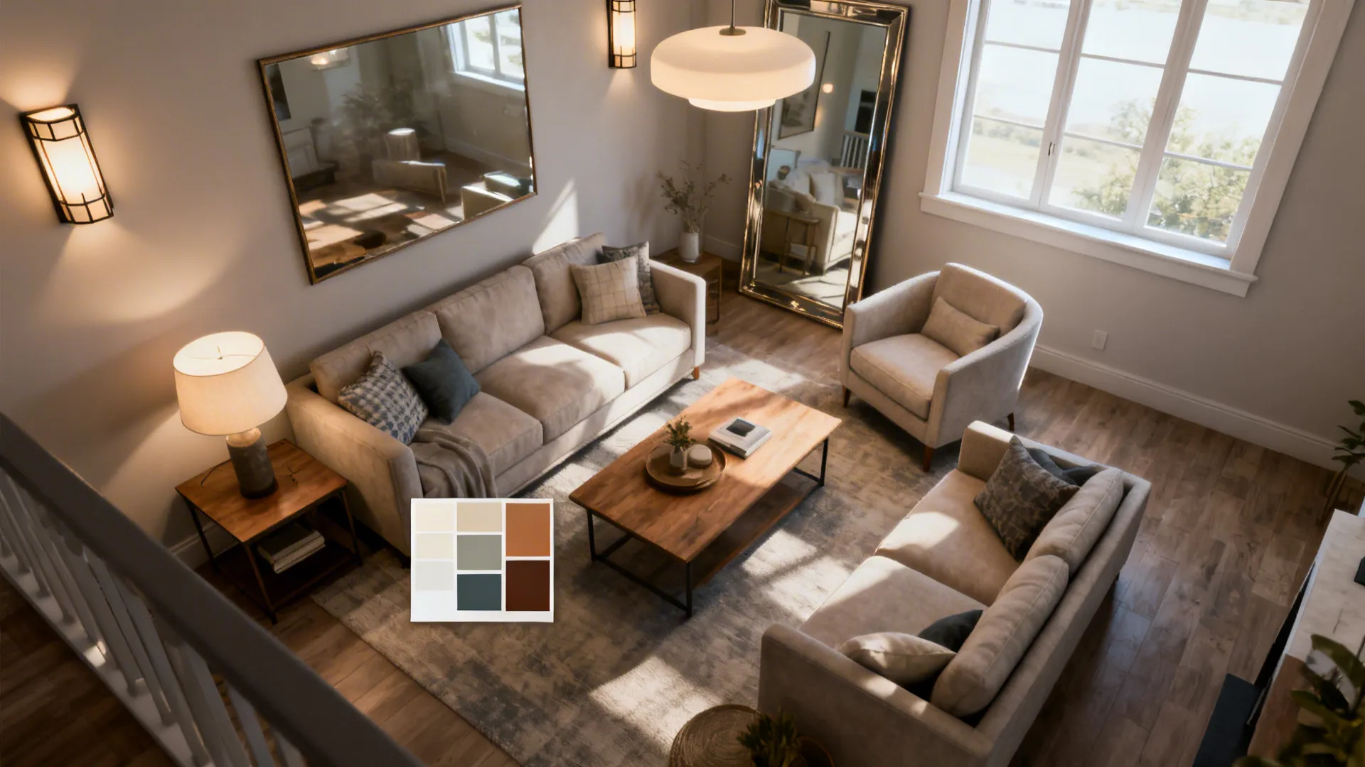 Top-down room layout showing lighting layers, mirror placement and sample board for a brown accent wall