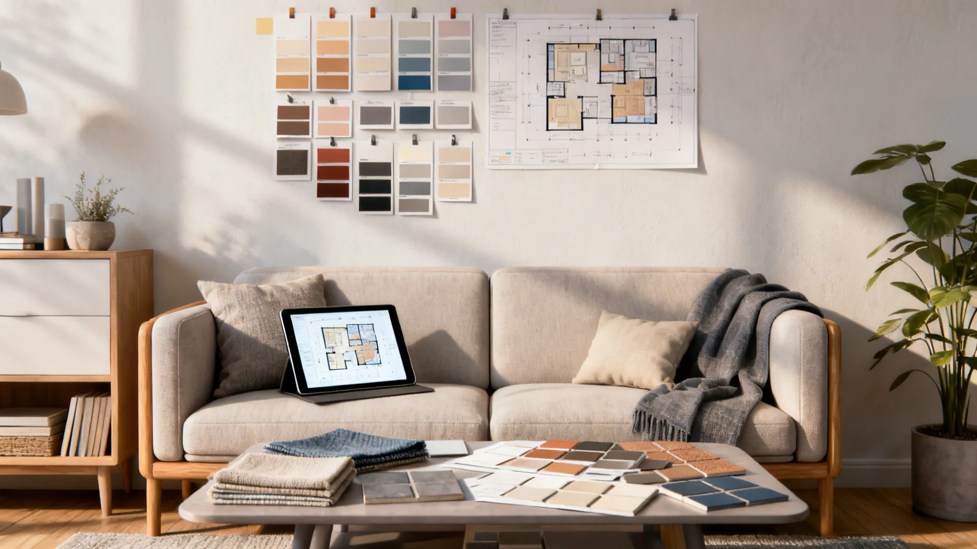 Small living room staged for planning with color cards and a digital floor plan on a tablet.