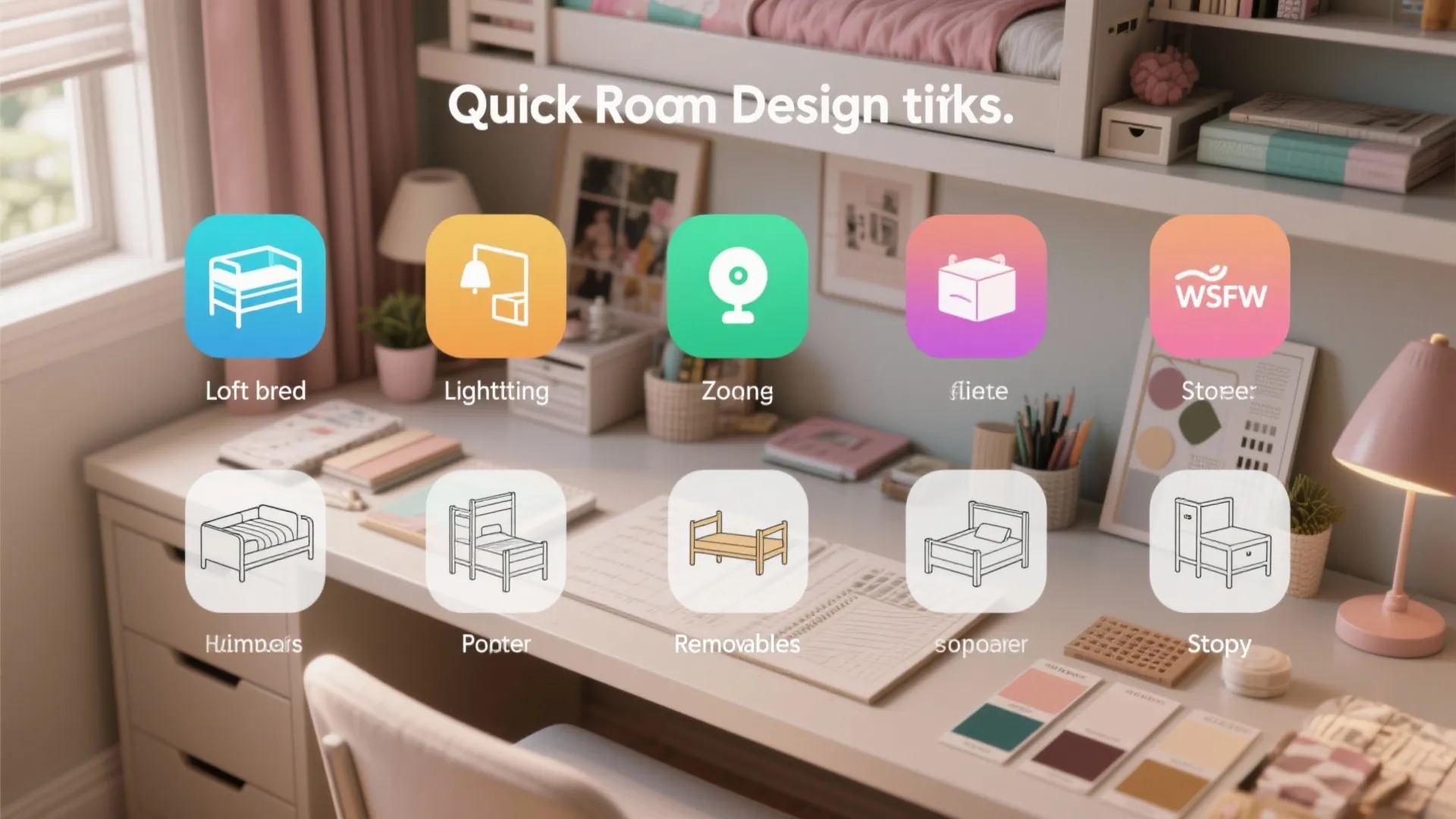 Graphic showing room design tips icons over a pink desk with bed and lighting options