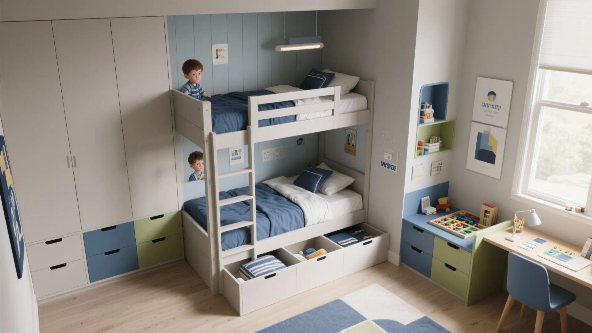Childrens bedroom with white bunk bed blue wall panels large wardrobe and integrated study desk