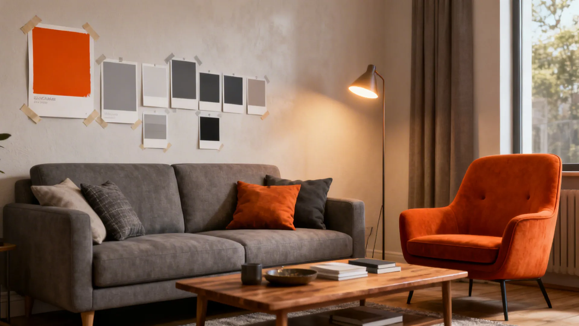 Small living room vignette with paint swatches and sample cushions showing burnt orange and gray pairings.