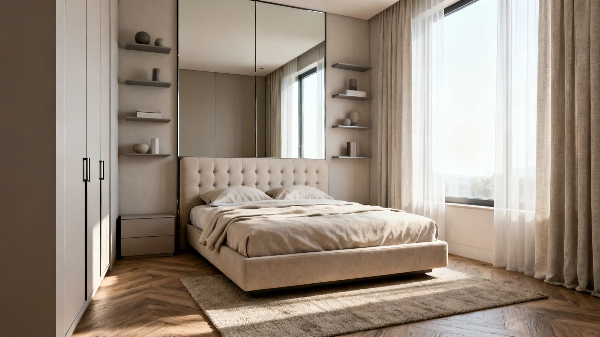 Small bedroom vignette showing low-profile king bed, mirror and vertical storage to visually expand space