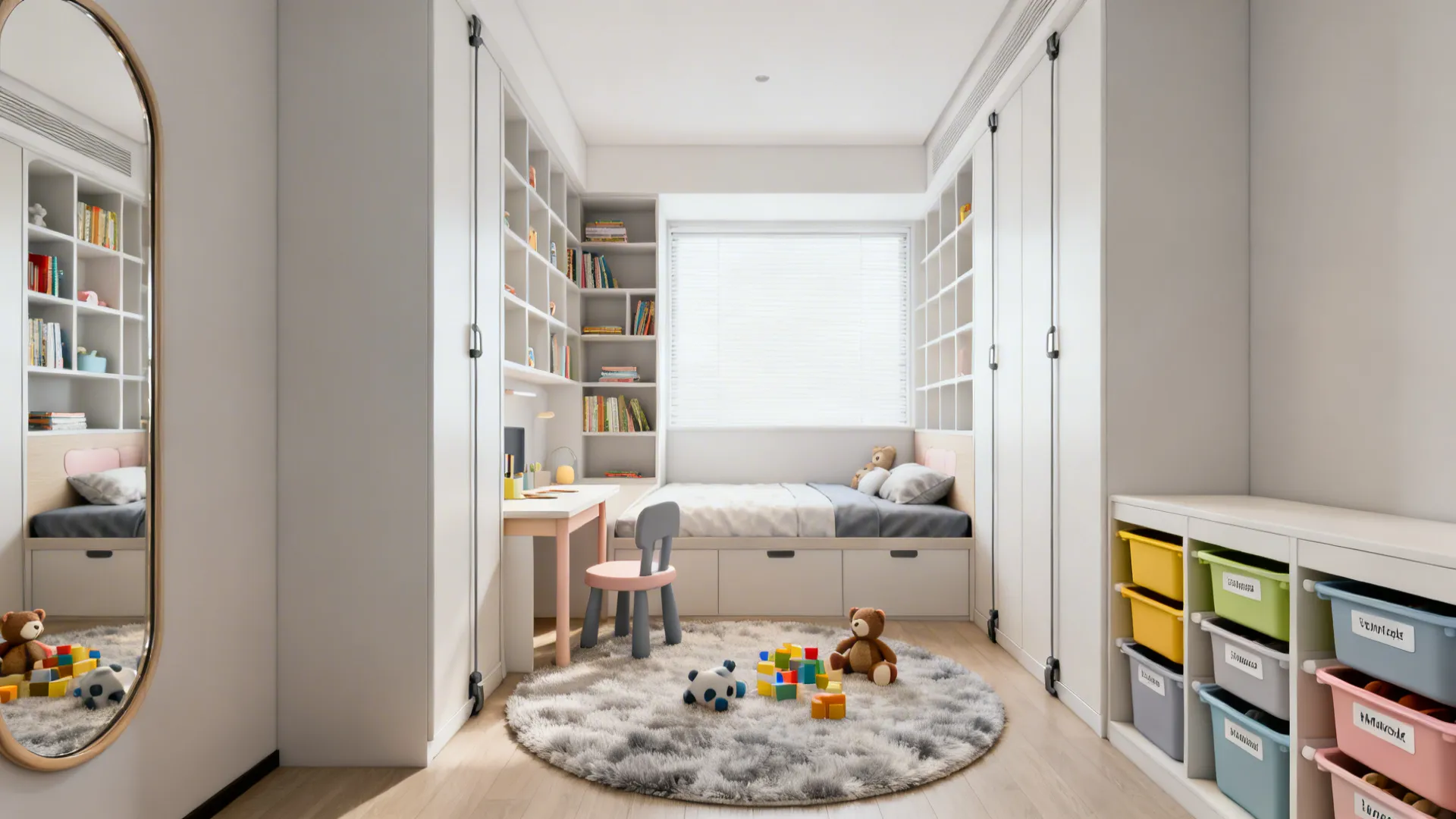 Small kids' room showing clear sleep, study and play zones with anchored storage and child-safe finishes.