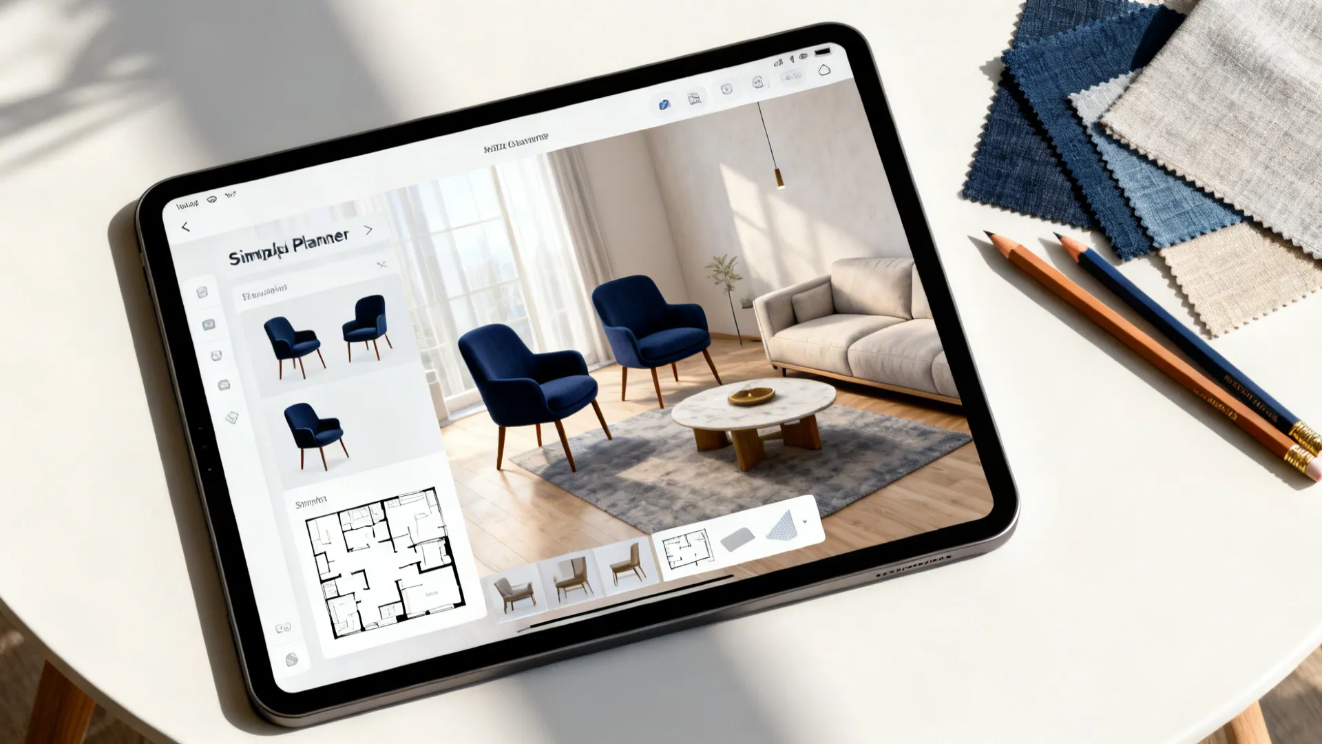 Top-down view of a tablet showing a room planner with navy chair placement options and fabric swatches