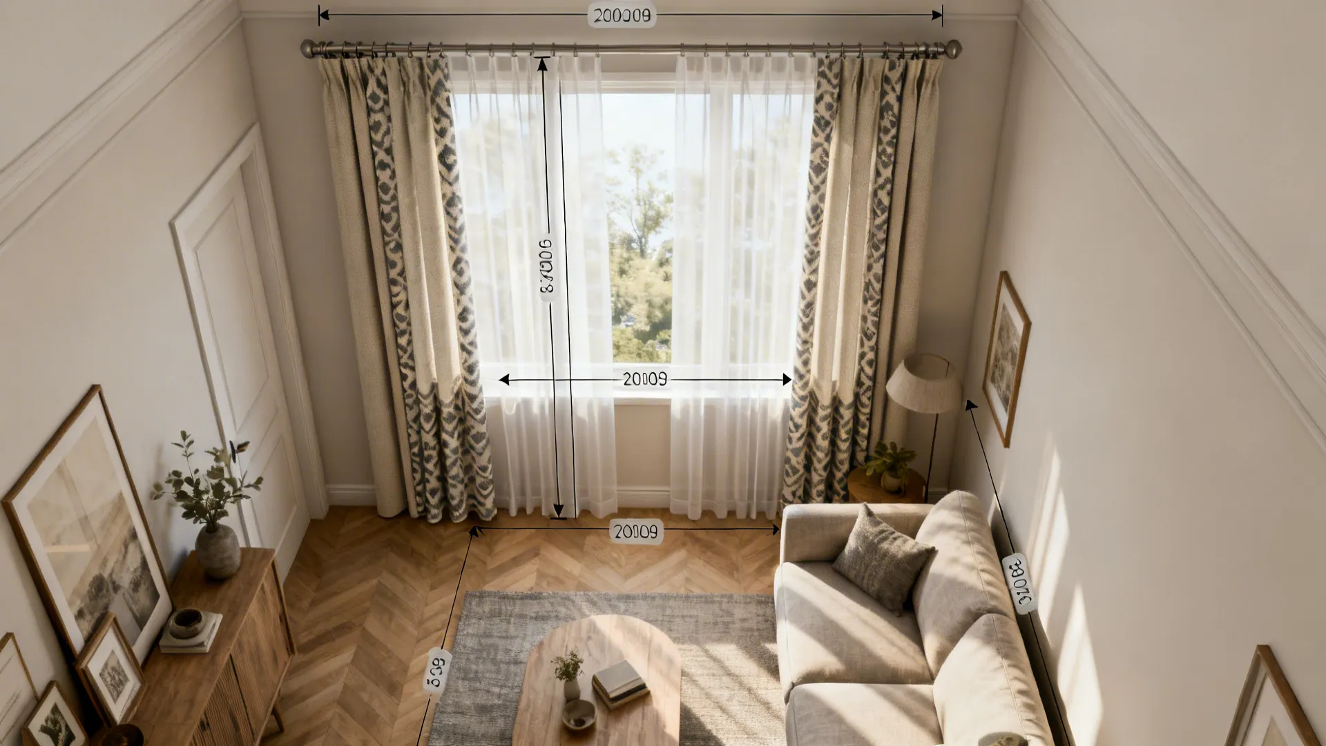 Top-down room planner mockup showing curtain layout options for a small living room