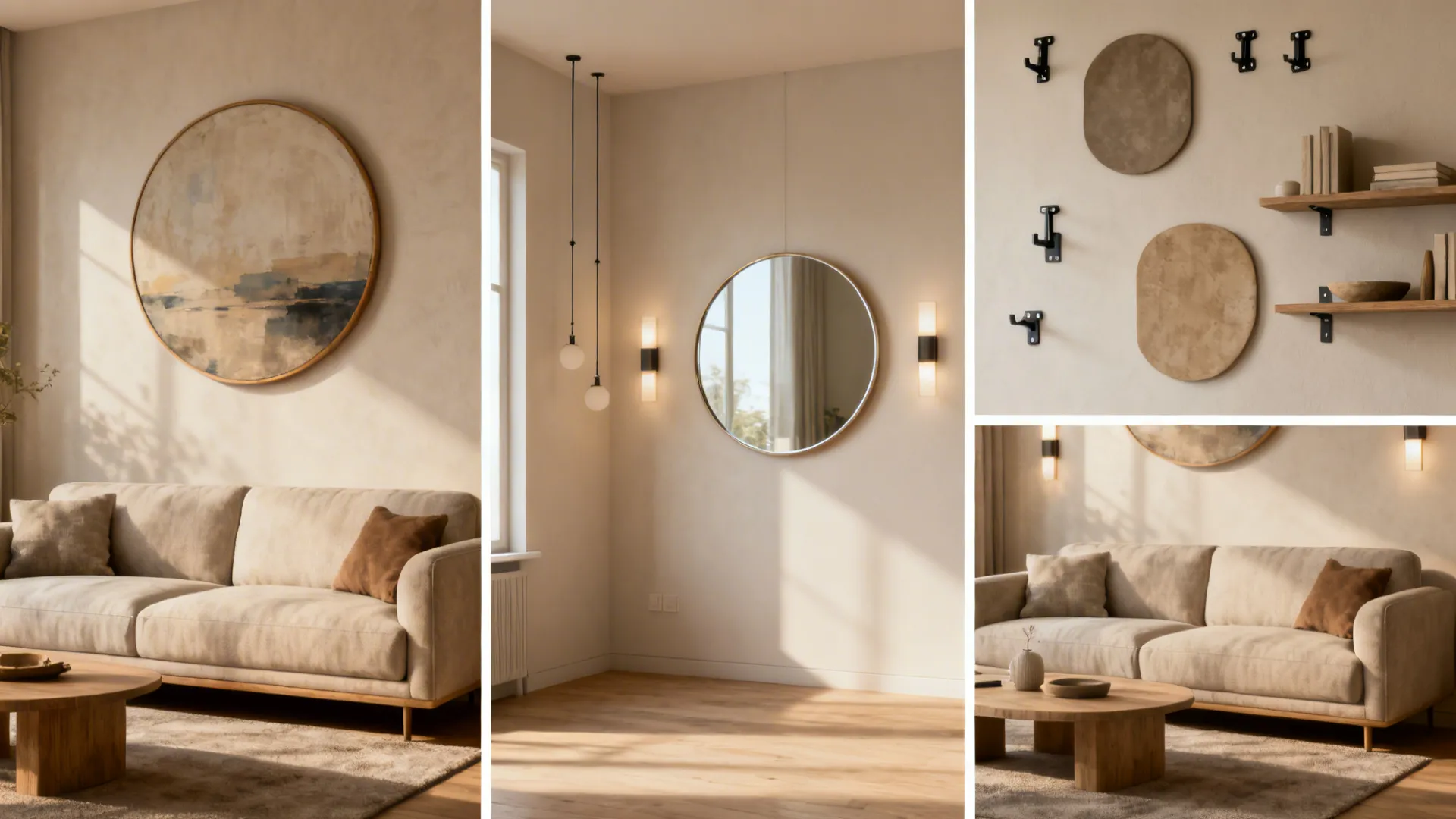 Collage of living room scenes demonstrating round art sizing, hanging hardware, and mixed-shape pairings