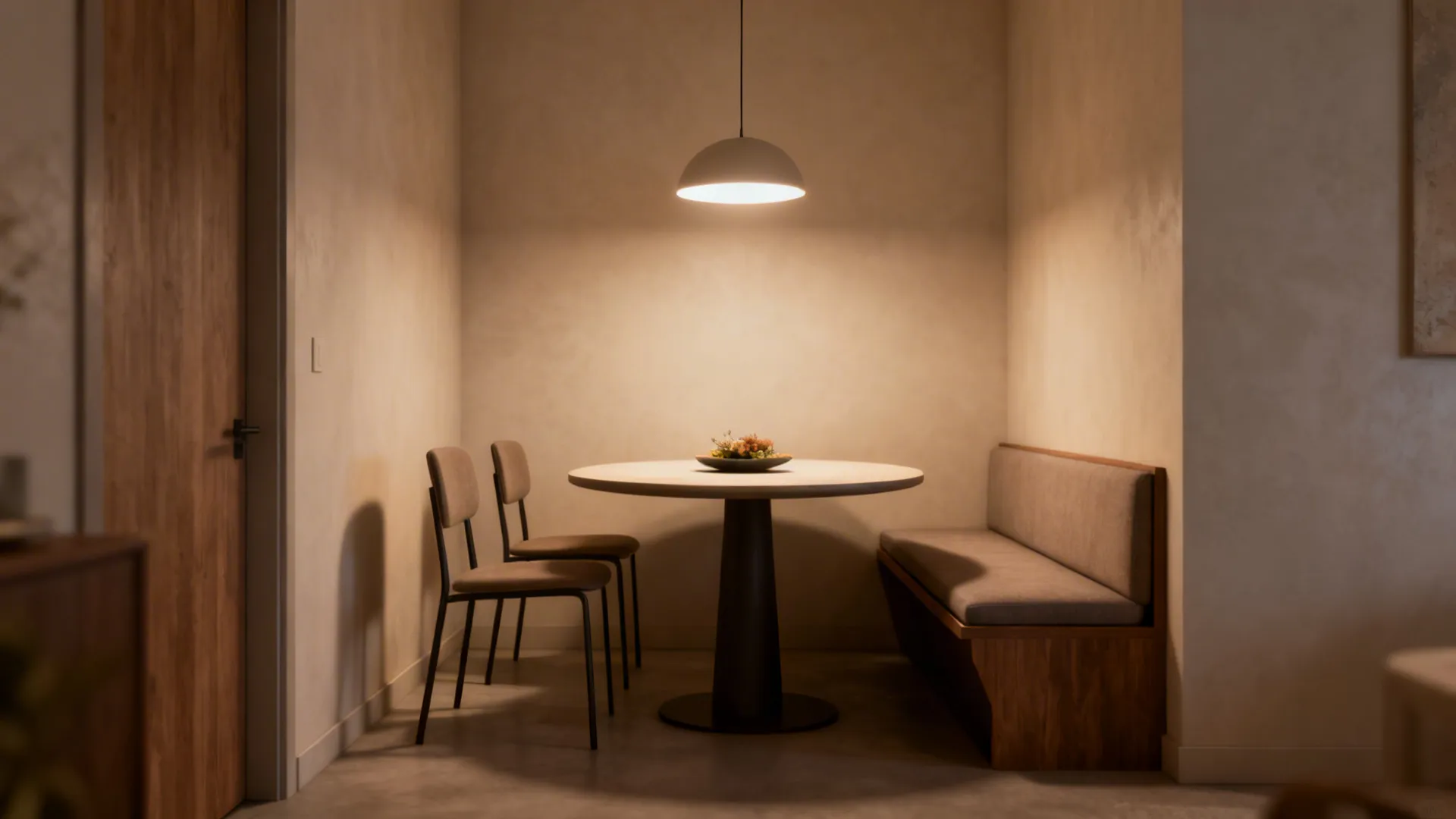 Small round table under a pendant light with slim chairs and bench illustrating styling and clearance tips