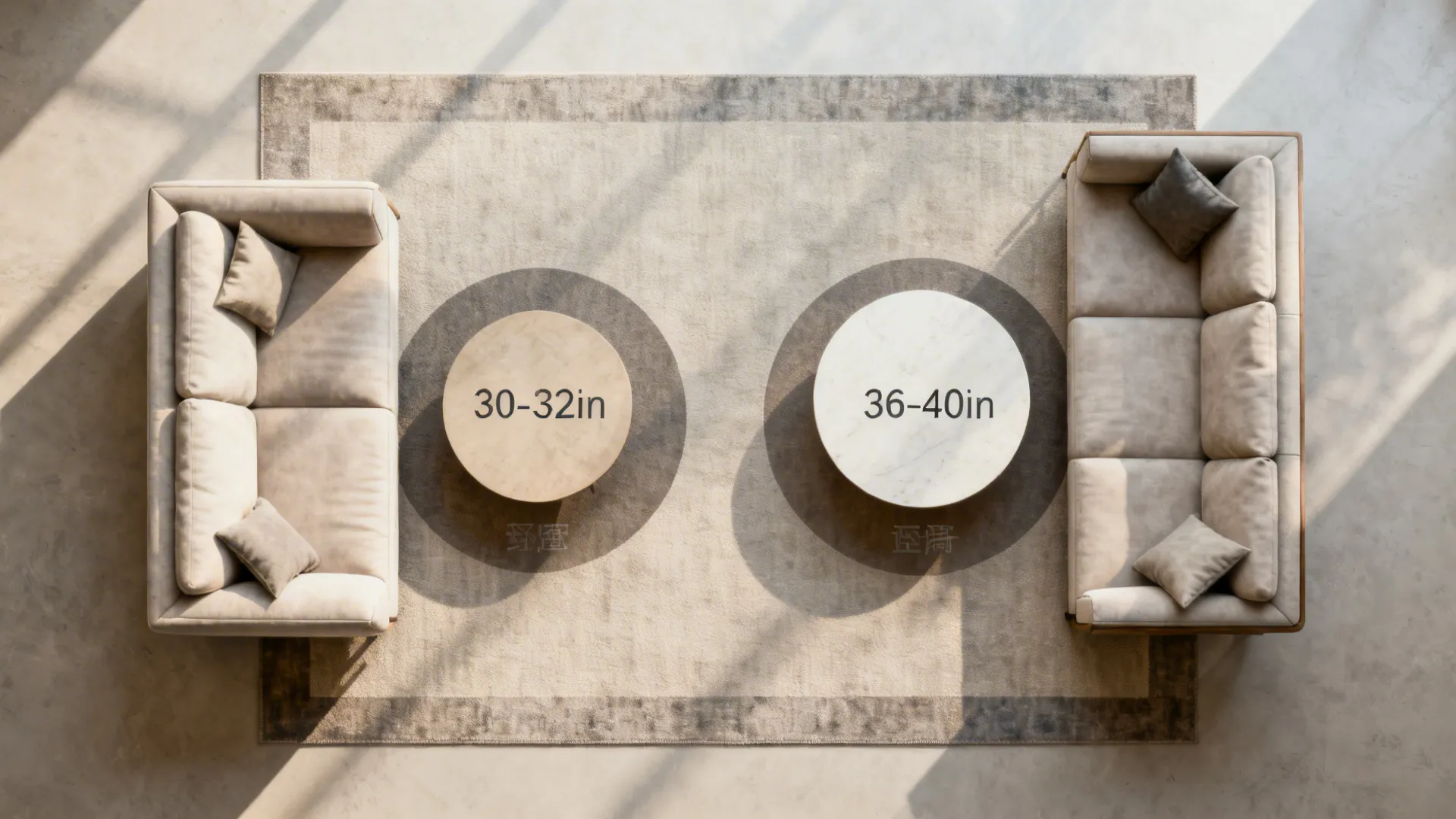 Top-down comparison of round coffee table diameters for a sofa and a sectional with clear circulation.
