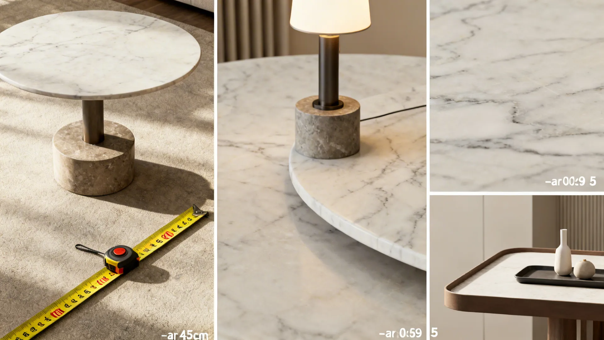 Collage of round table details: measuring tape, weighted base, sealed marble close-up, and styled tray
