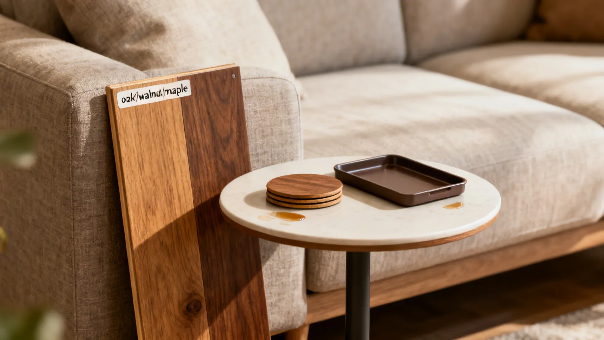 Living room vignette illustrating FAQ tips: correct table height, wood samples, coasters and tray for protection.
