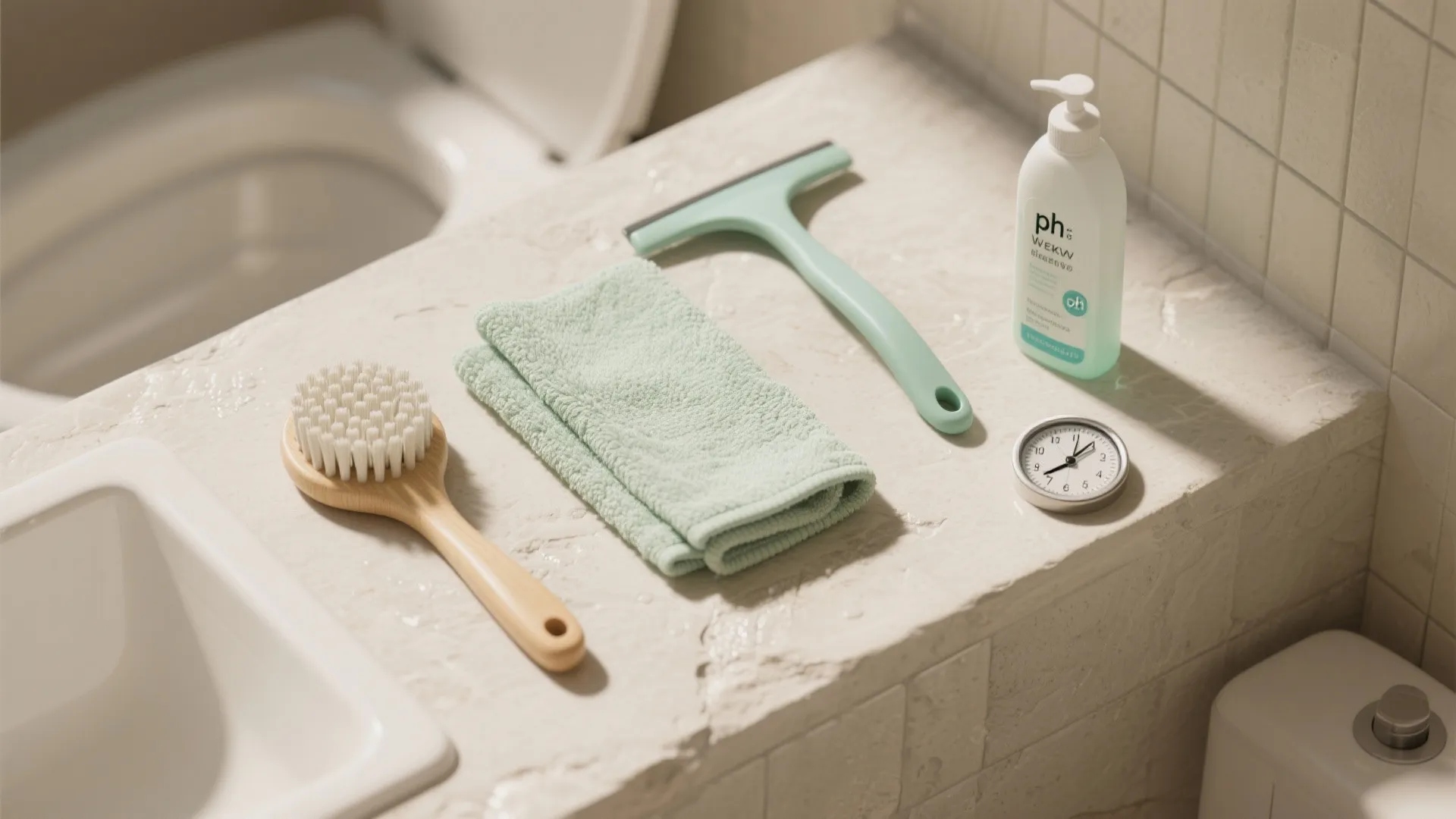 Top-down sequence of a weekly routine: tile brush, microfiber, squeegee, and pH-neutral cleaner.