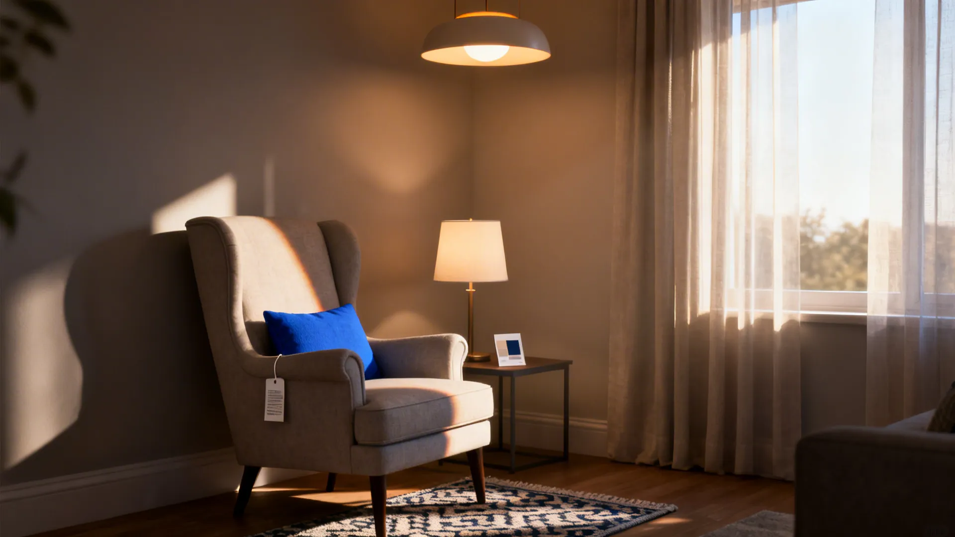 Reading corner with beige armchair blue pillow side table table lamp ceiling light and window curtains