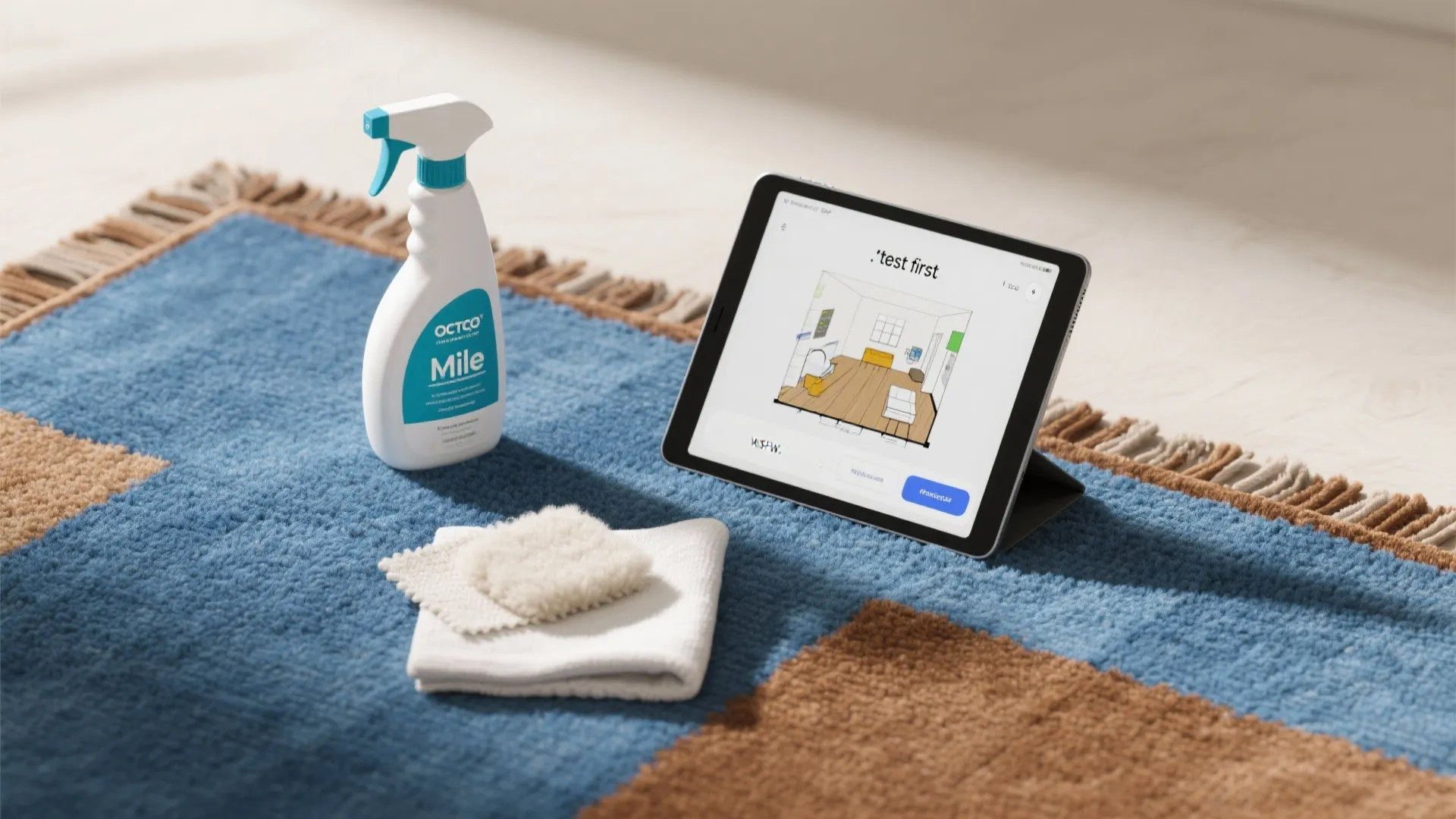 Rug cleaning kit with spray bottle and cloth placed next to tablet showing design floor