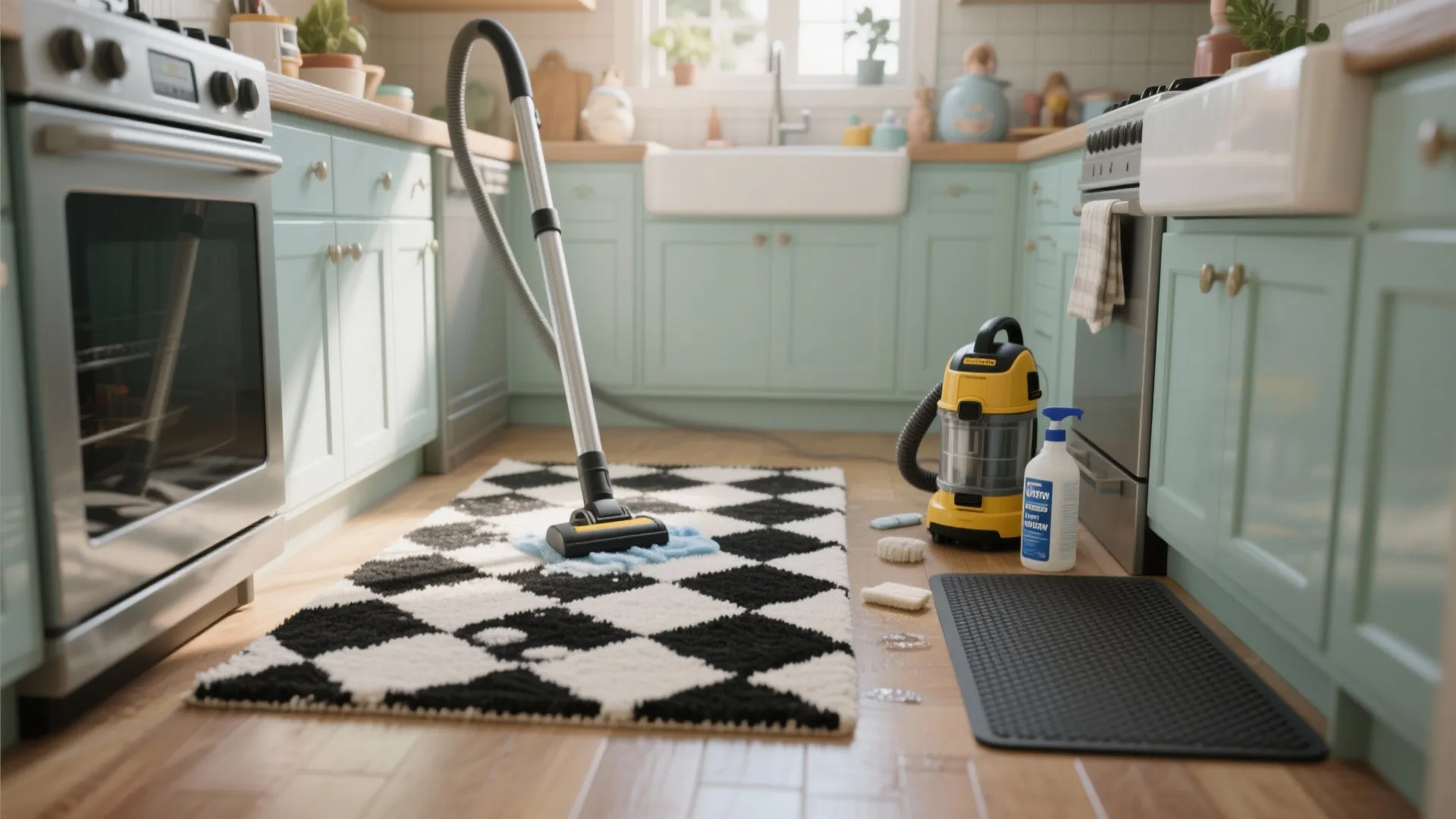 Vacuum cleaner cleaning a black and white checkered rug on a wooden floor inside kitchen