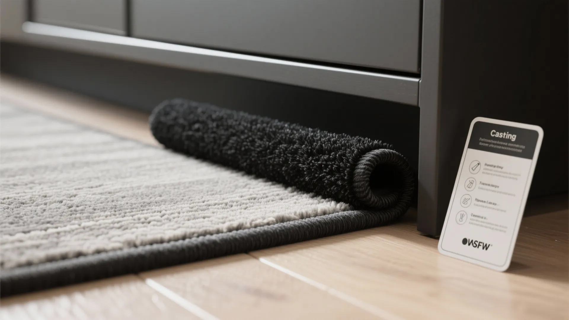 Close-up of black runner edge and care card showing cleaning tips and rug pad detail