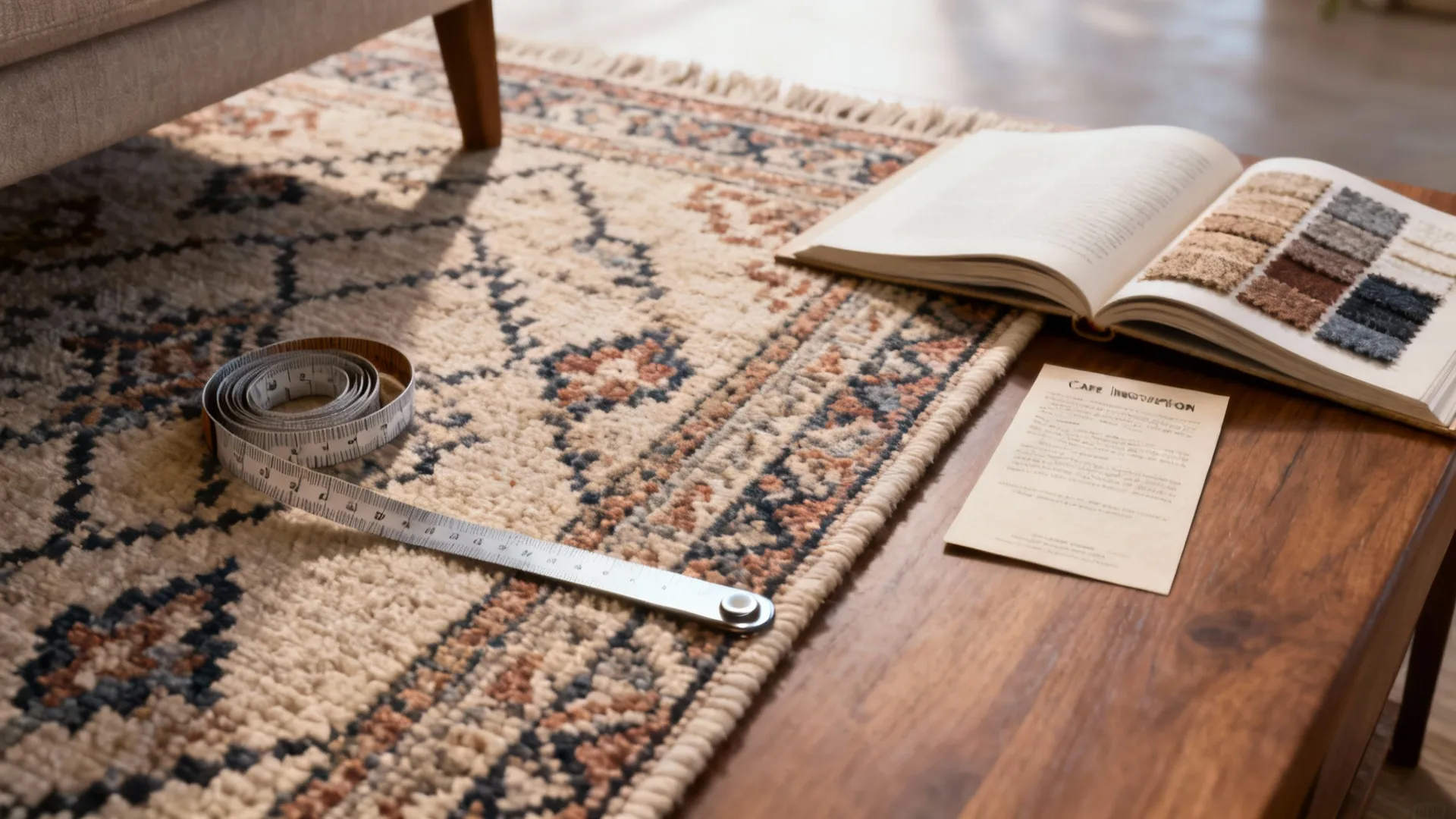 Reading corner with rug swatches, measuring tape and care booklet illustrating rug FAQ topics.