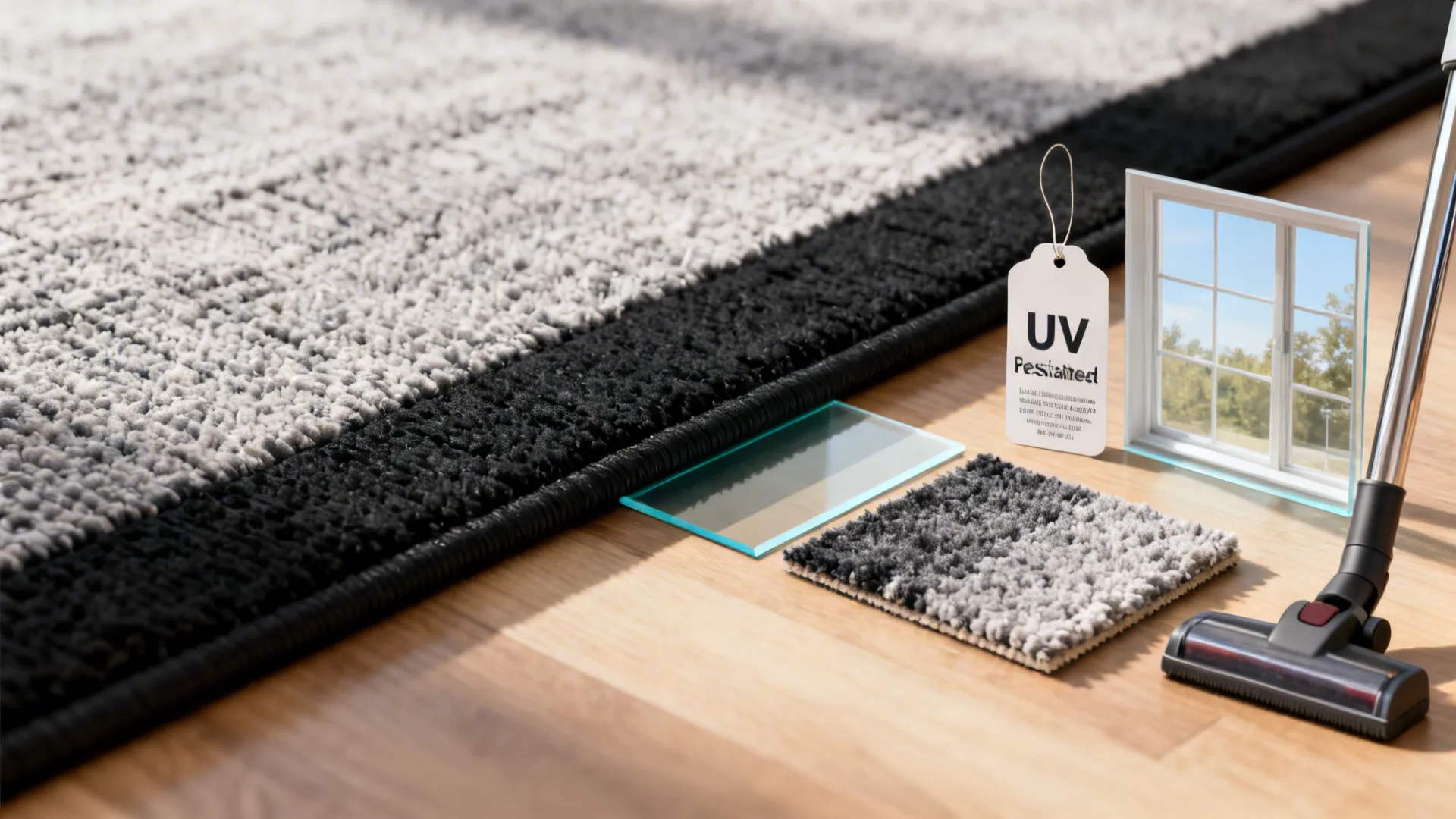 Maintenance items and rug swatches beside a black rug illustrating care tips like vacuuming and UV protection.