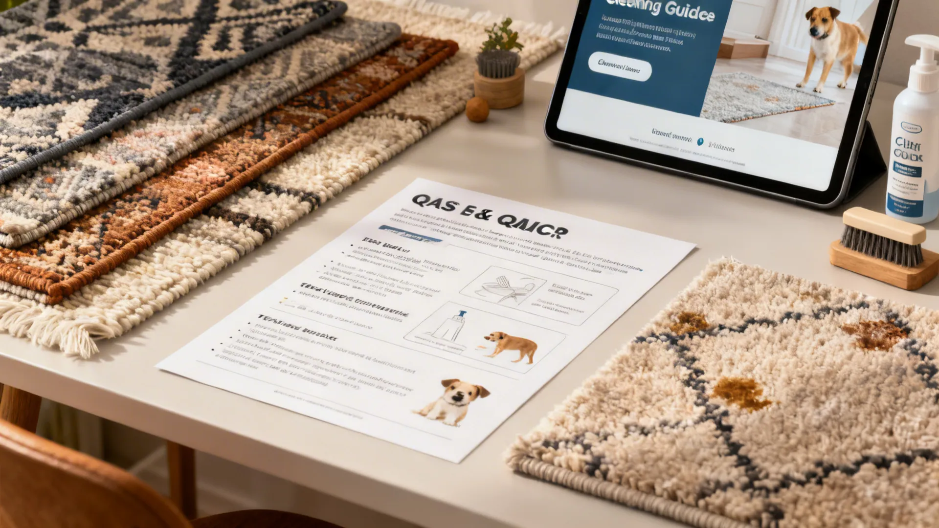 Designer workspace with rug samples, tablet showing cleaning guidance and FAQ materials.