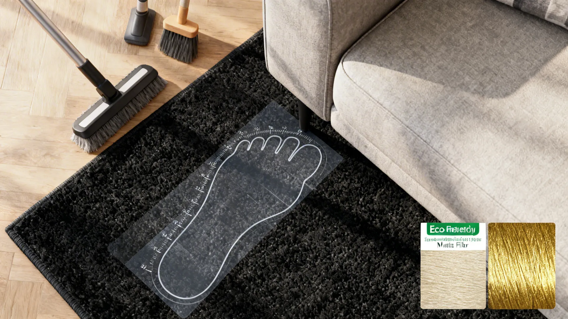 Collage showing rug cleaning tools, measuring overlay, eco-friendly fiber label, and matte vs shiny gold swatches.