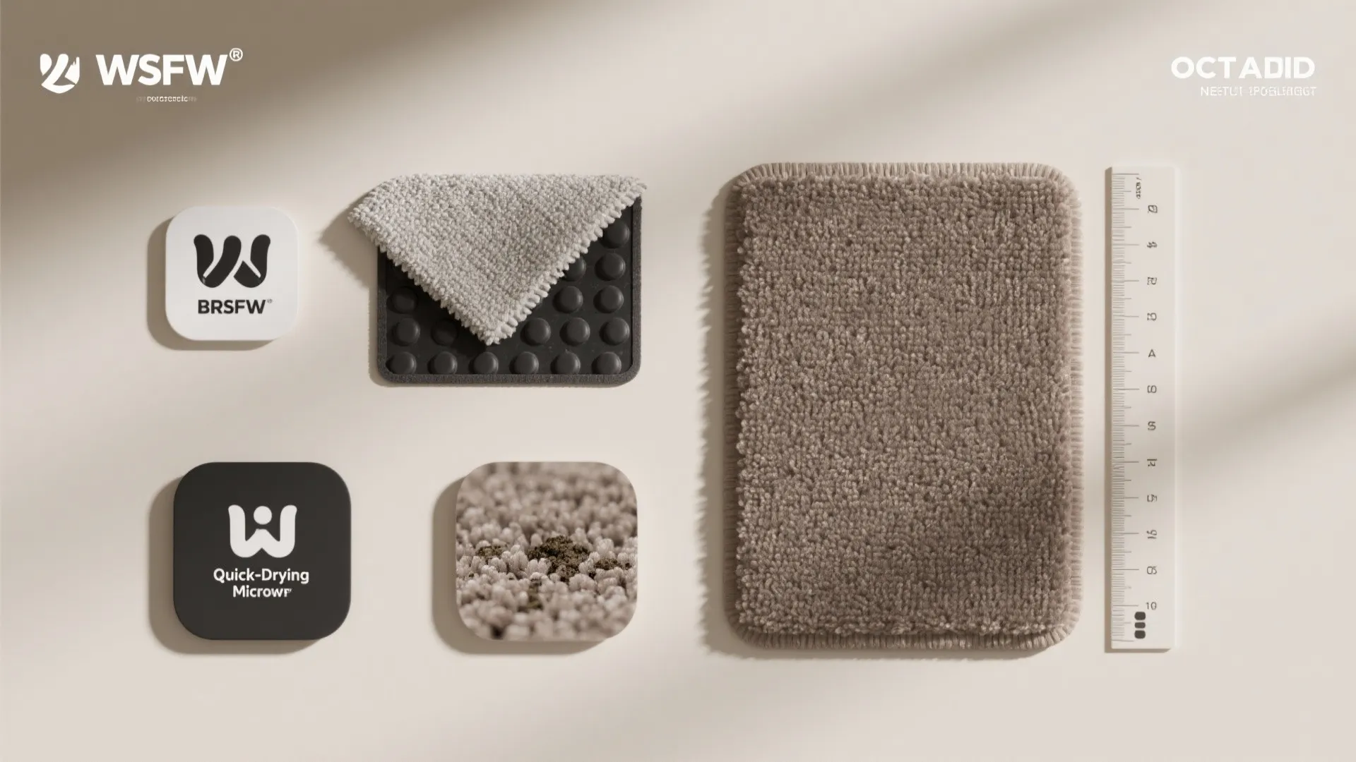 Brown rug samples showing soft texture material and non slip rubber backing with a white ruler