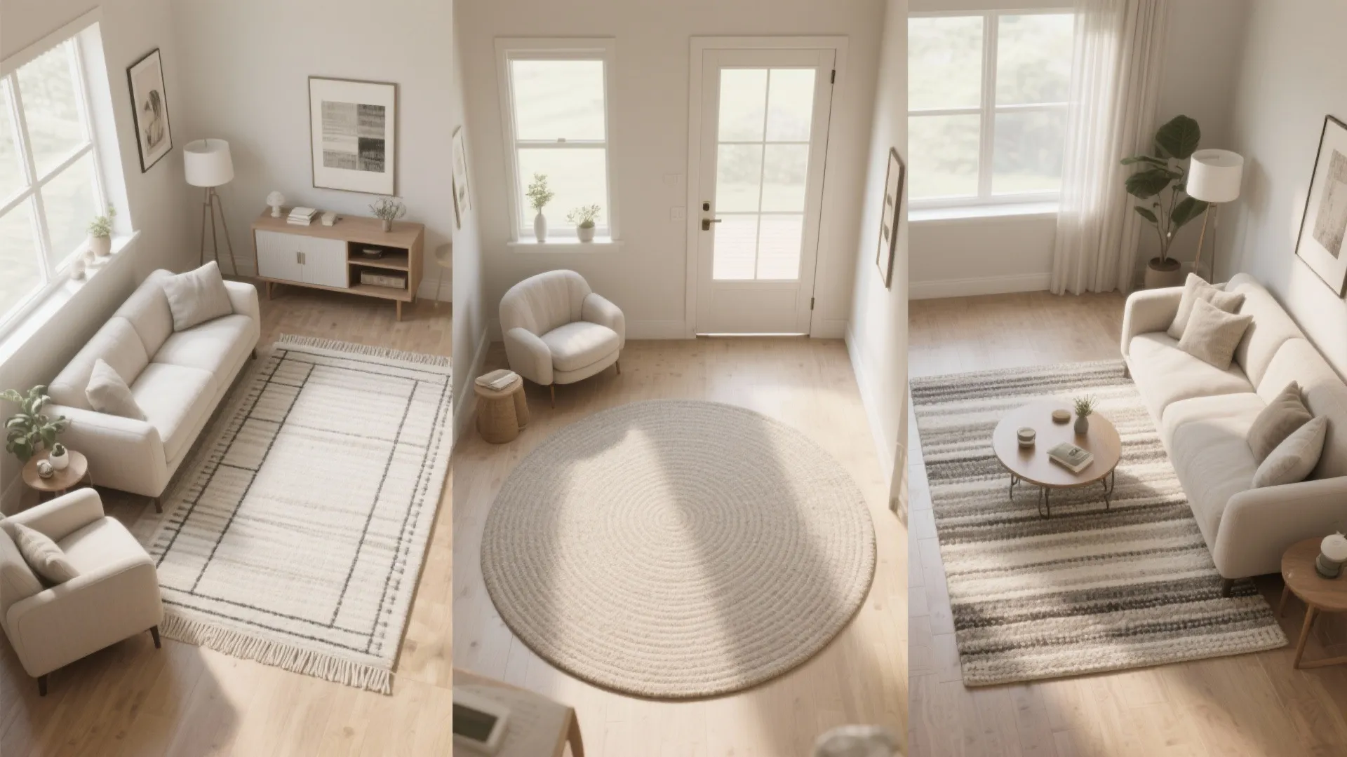Interior design drawing showing three different rug shapes and layouts in a modern living room