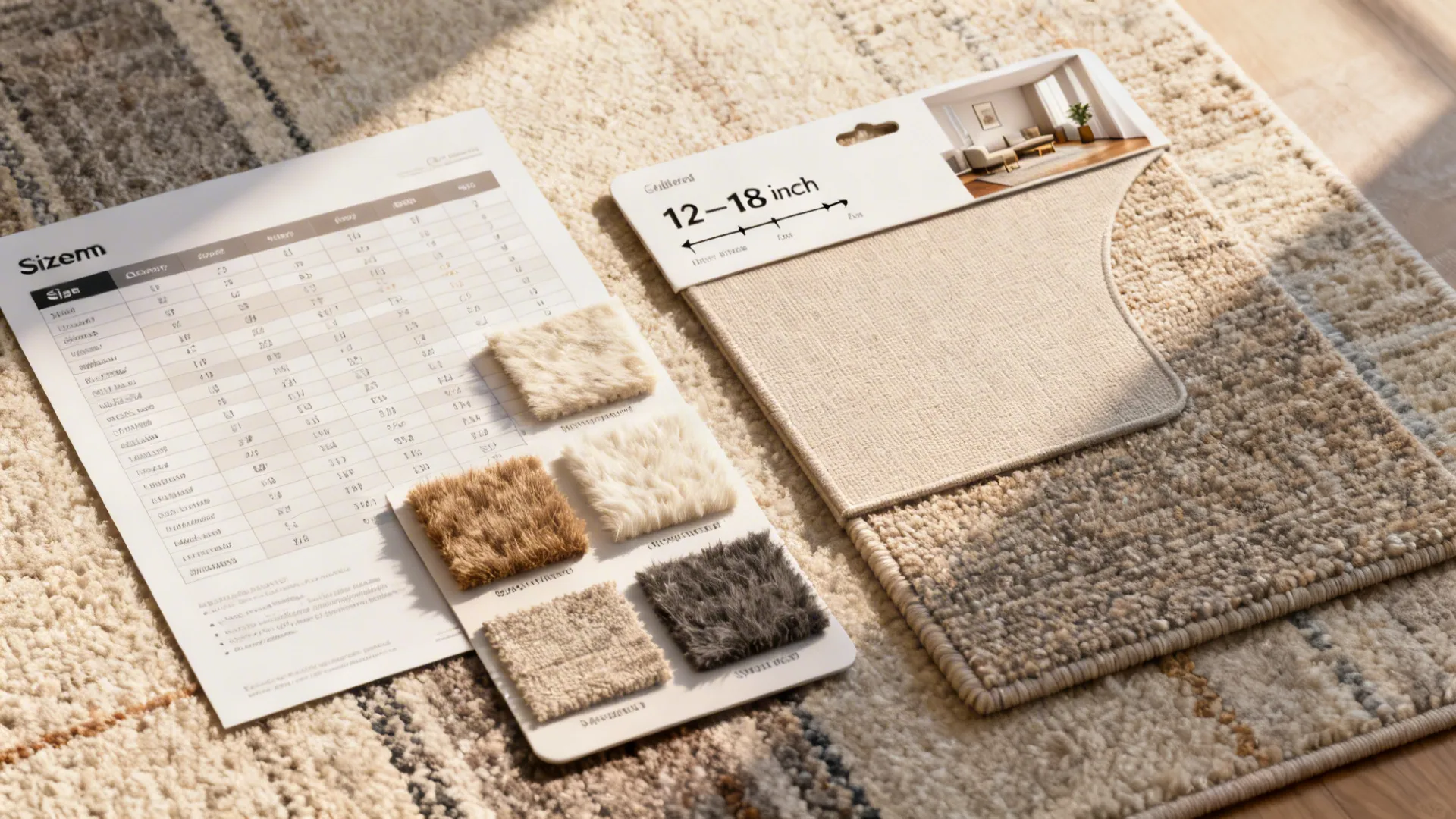 Flatlay of rug size charts, material swatches, and rug-pad sample illustrating FAQ guidance.