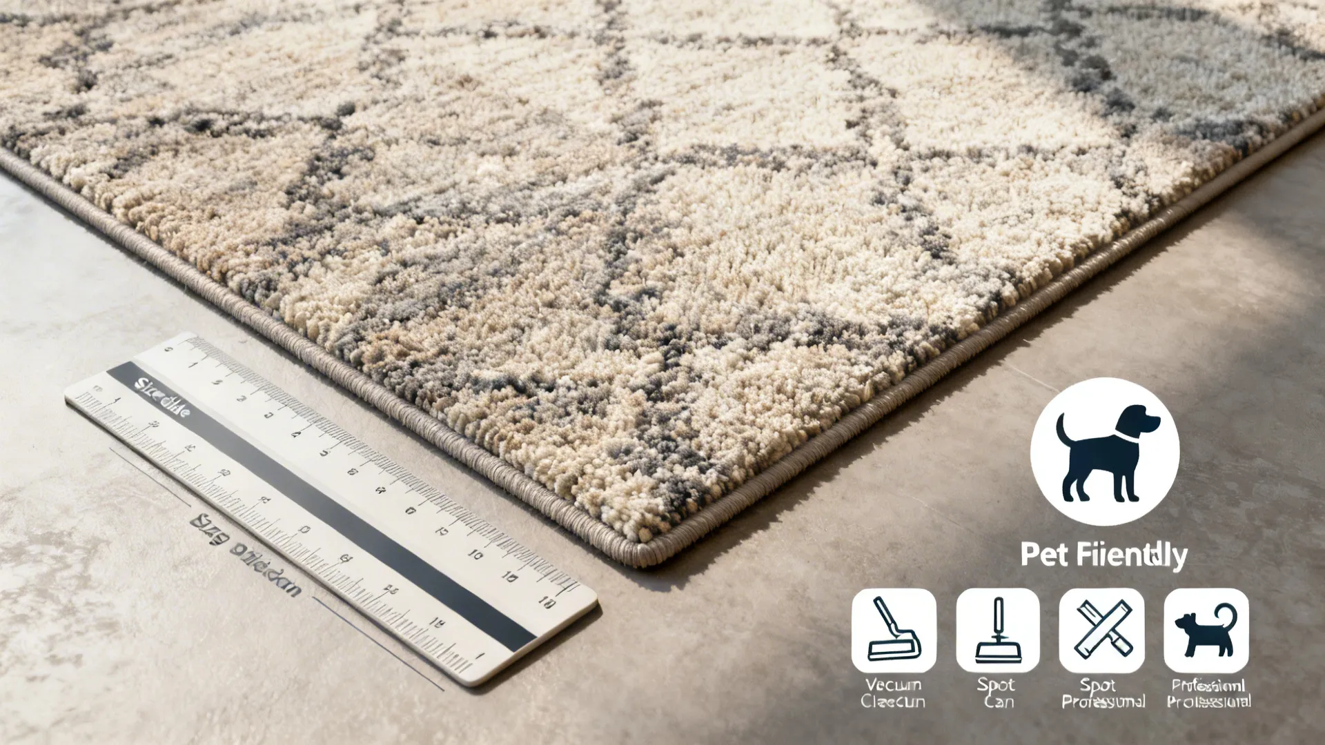 Rug size guide with cleaning icons and pet-friendly symbol for common FAQ topics