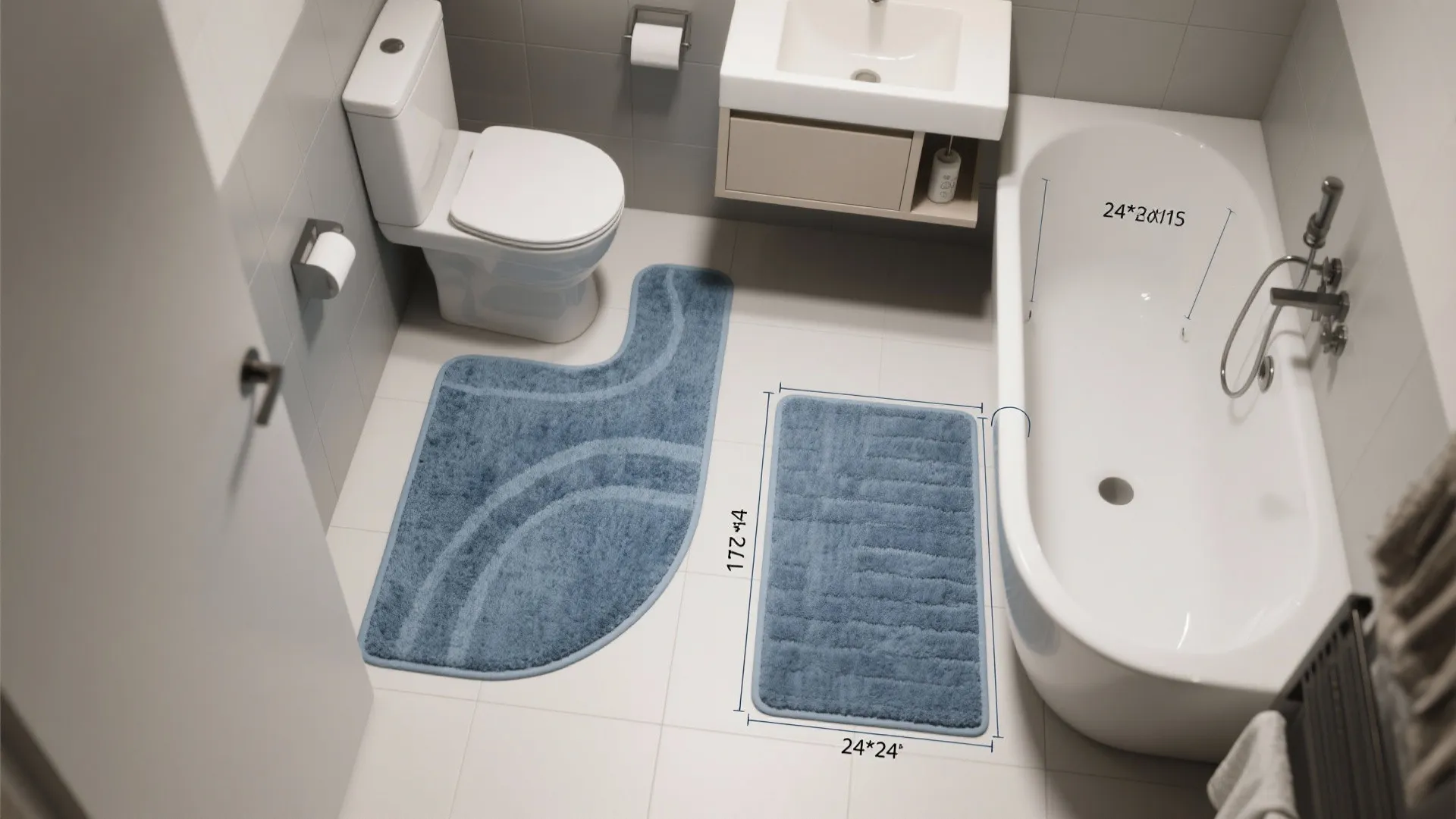 Top view bathroom layout showing toilet sink bathtub and blue rugs with white size measurements