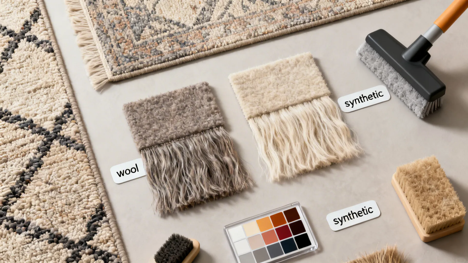 Flatlay of rug fiber swatches, cleaning tools, and a small color palette for mid-century rugs.