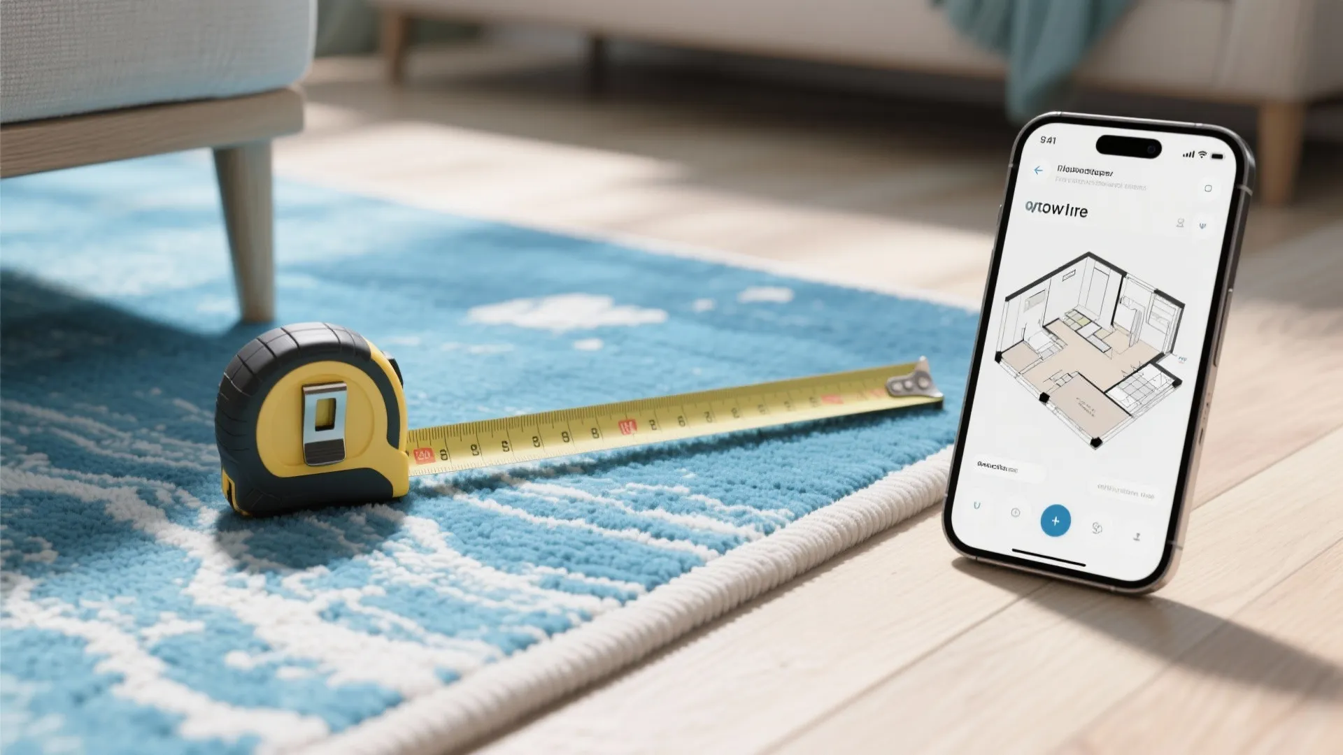 Measuring a blue rug with yellow tape measure next to phone showing interior design drawing
