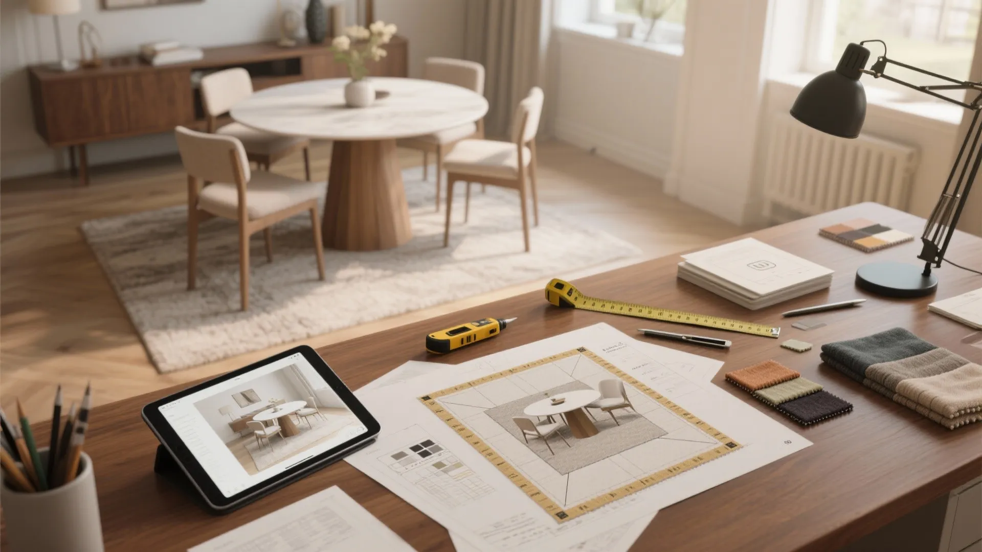 Interior design drawing showing a dining room with rug samples and tools on a desk