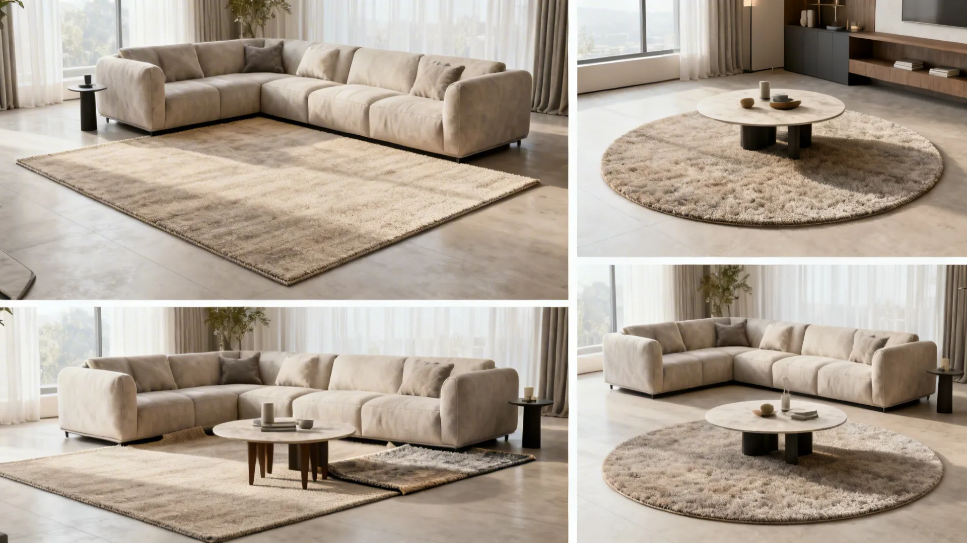 Collage of rug shape and placement options for different sectional layouts including round and rectangular rugs