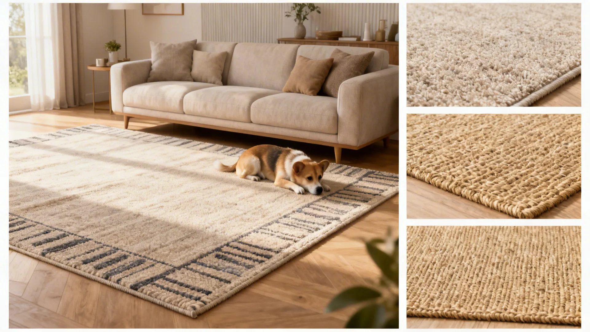 Collage of neutral rug types (wool, flatweave, jute) in small living room scenarios demonstrating pet-friendly choices.