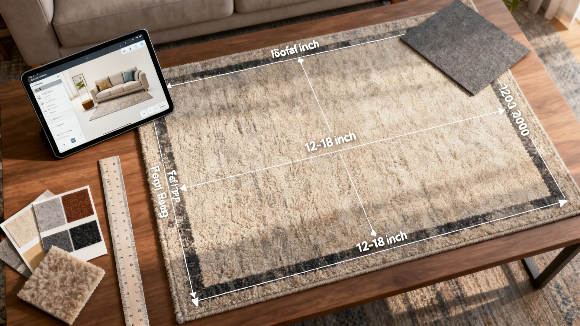 Top-down mockup of rug layout with measurements, room planner tablet, and material swatches