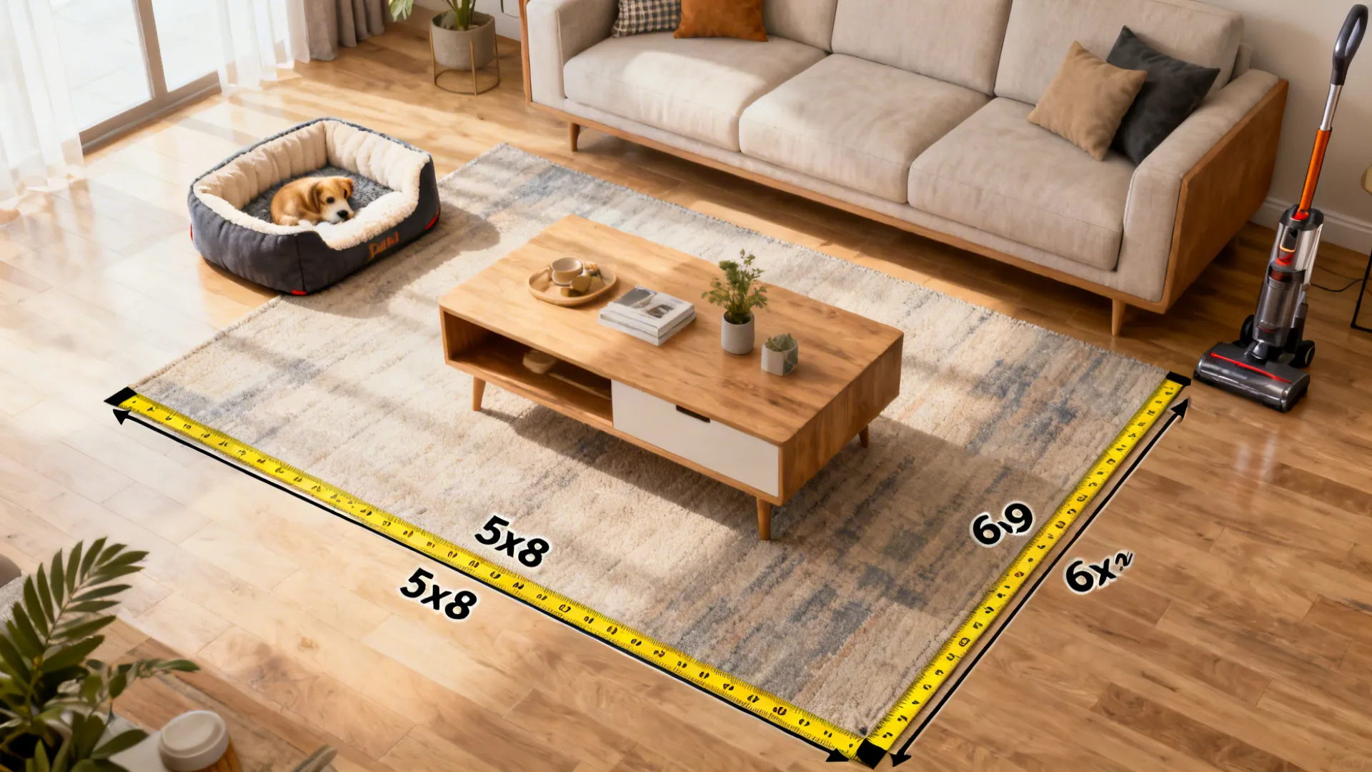Measuring tape, labeled rug dimensions, pet bed, and vacuum illustrating rug sizing and care tips.