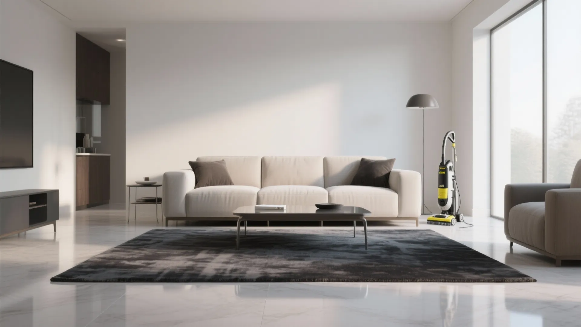 Staged living room showing an 8x10 rug with sofa front legs on the rug and light reflective surfaces for balance.