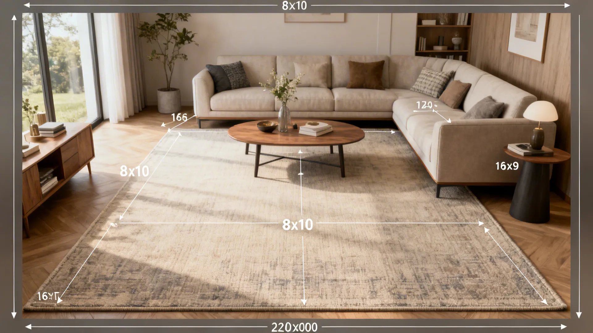Small living room showing correct proportion and border space for an 8x10 rug, demonstrating FAQ tips visually.