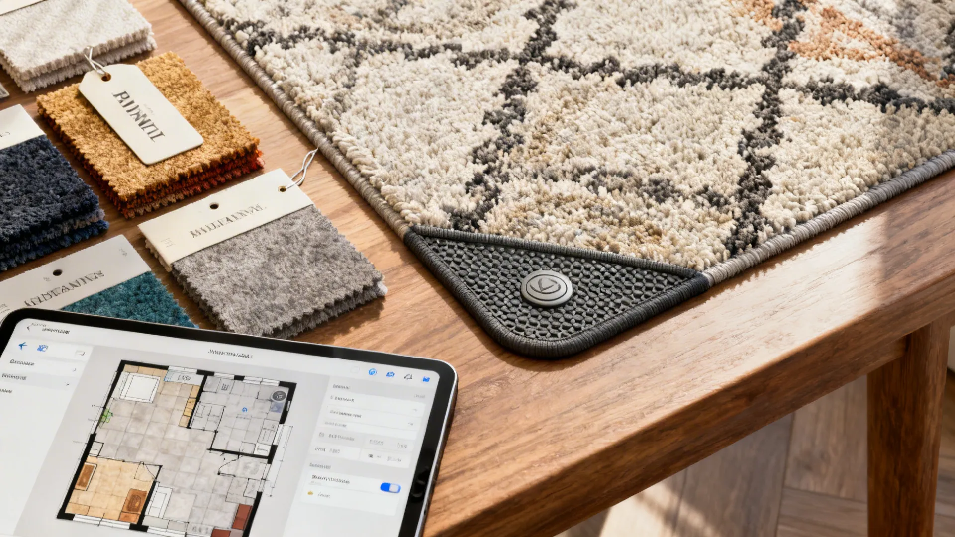 Rug swatches, non-slip pad sample, and a tablet showing a 3D floor planner for rug layouts.
