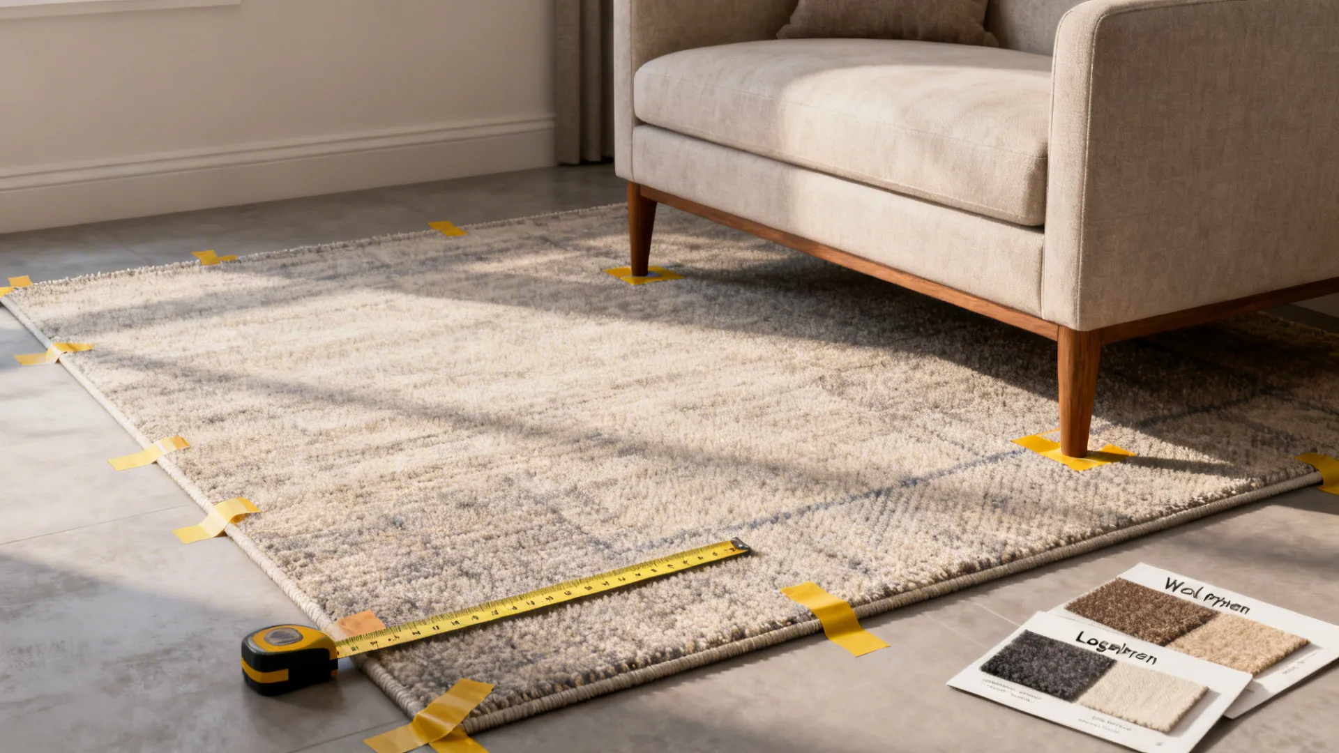 Living room corner with an 8x10 rug, measuring tools and material swatches illustrating common rug FAQs