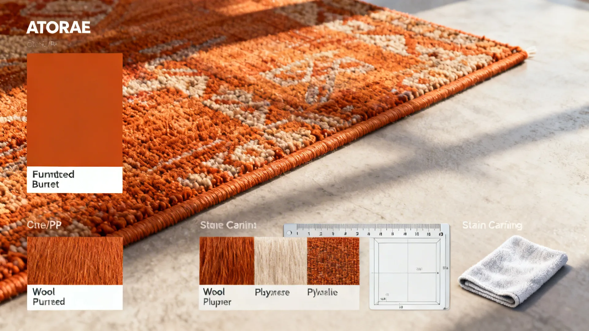 Color swatches, fabric samples, and measuring tools illustrating rug color, fiber, and sizing FAQs.