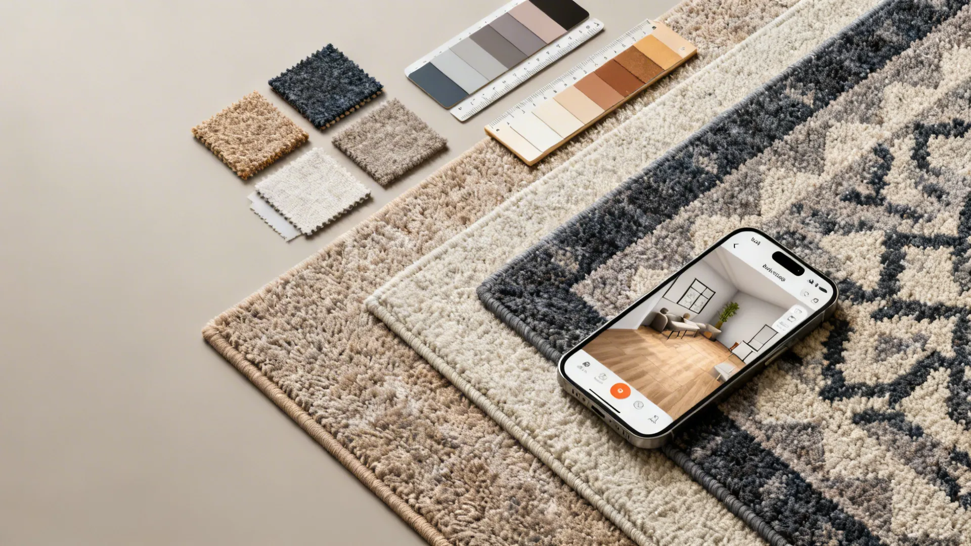 Flatlay of rug swatches, color chips, ruler and smartphone showing a floor planner for rug selection
