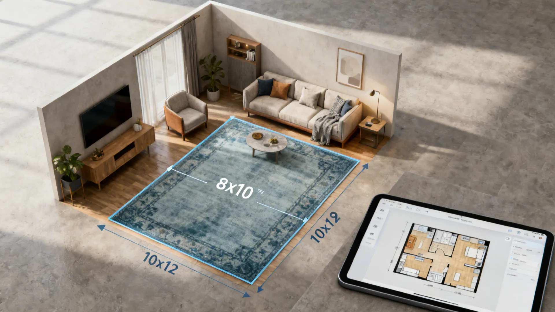 10x12 living room mockup with an 8x10 rug highlighted and a tablet showing a floor planner