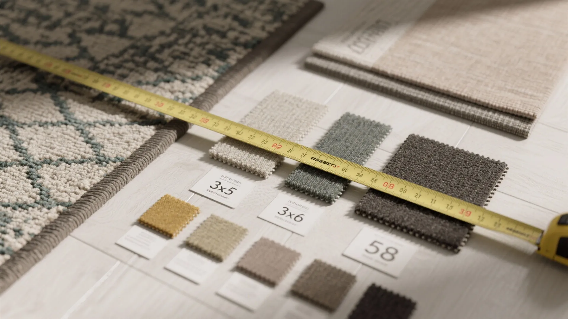 Yellow measuring tape lying across various small rug fabric samples and size labels on white floor
