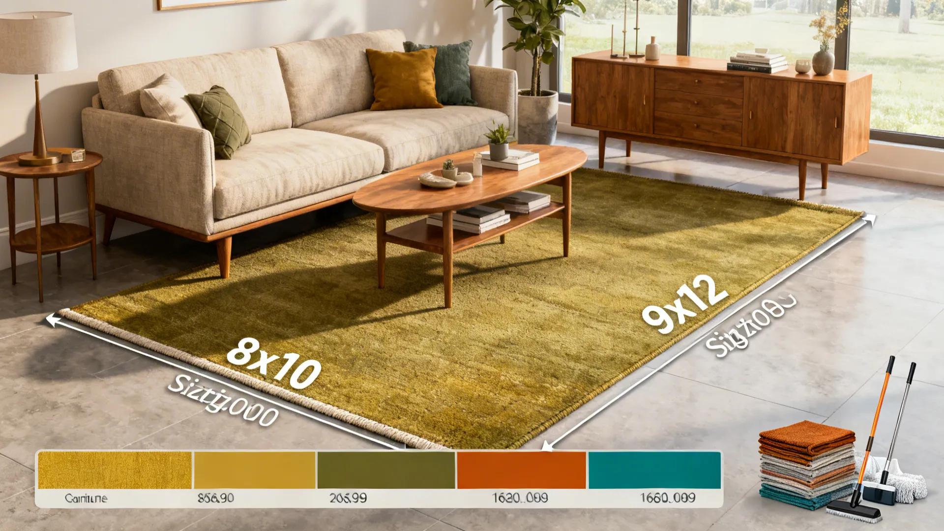 Top-down infographic showing rug sizing examples, color swatches, and maintenance items for mid century rugs.
