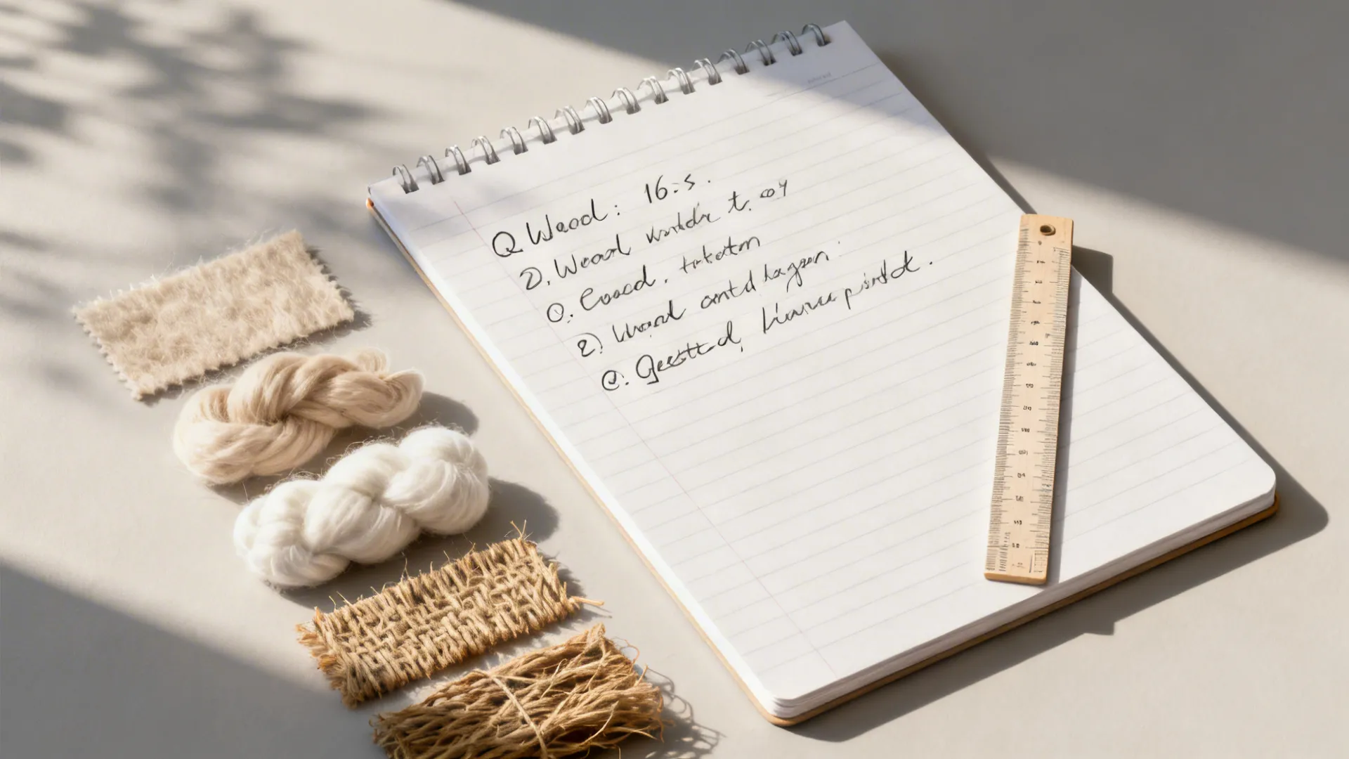 Flatlay of FAQ notepad and rug fiber swatches for reference