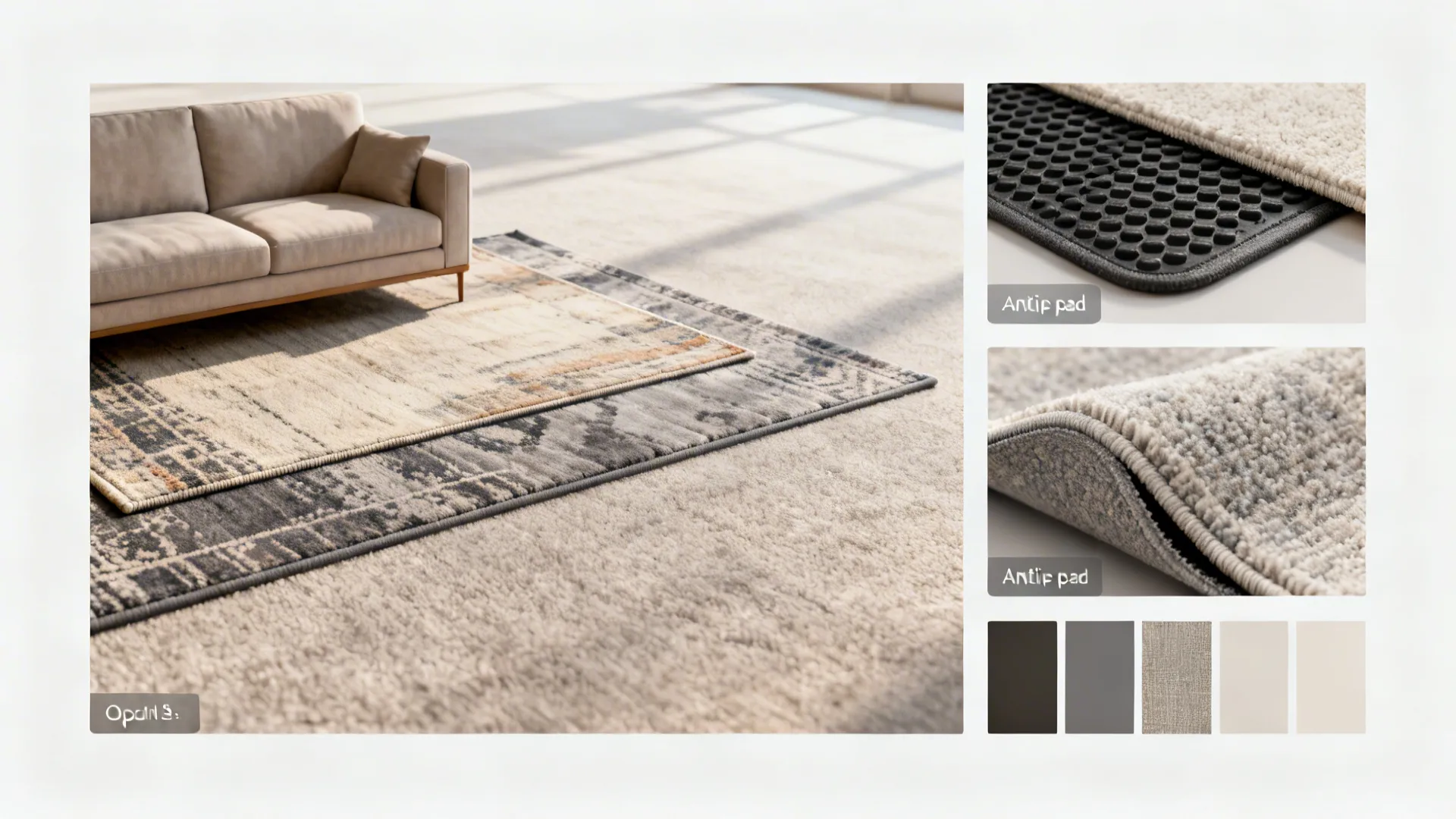 Collection of small vignettes illustrating rug FAQs: placement, layering, anti-slip pads, and material choices.