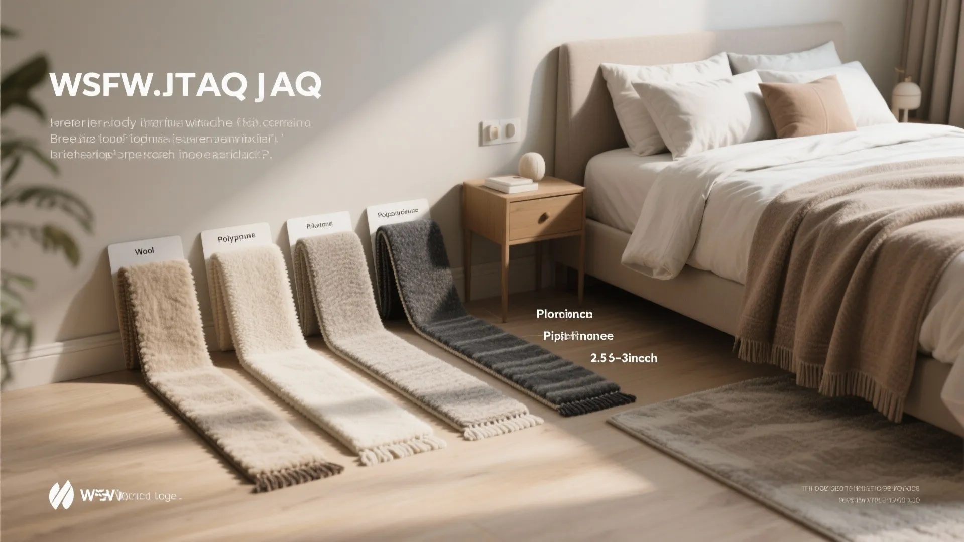 Four different colored carpet samples displayed on a wooden floor next to a cozy bed
