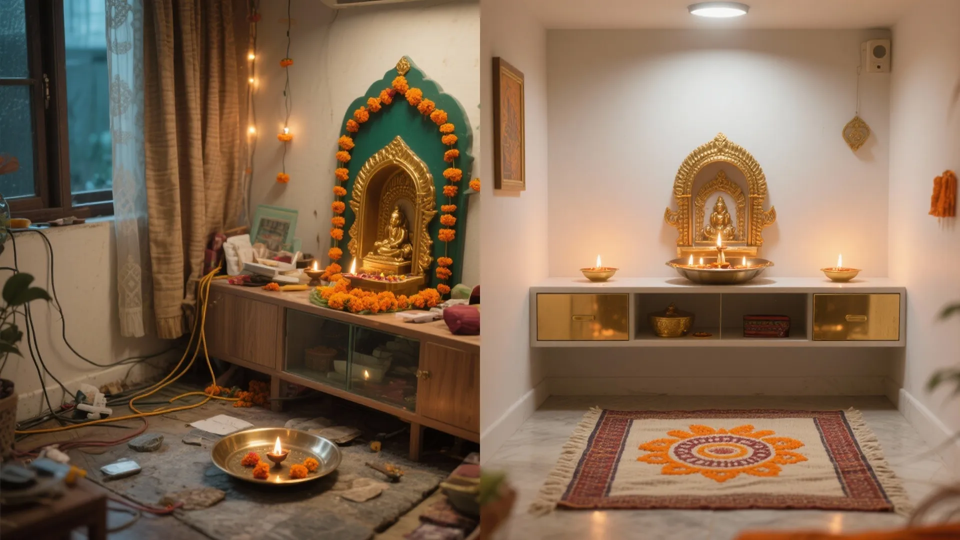 Before and after comparison of a messy room versus a clean modern prayer space setup